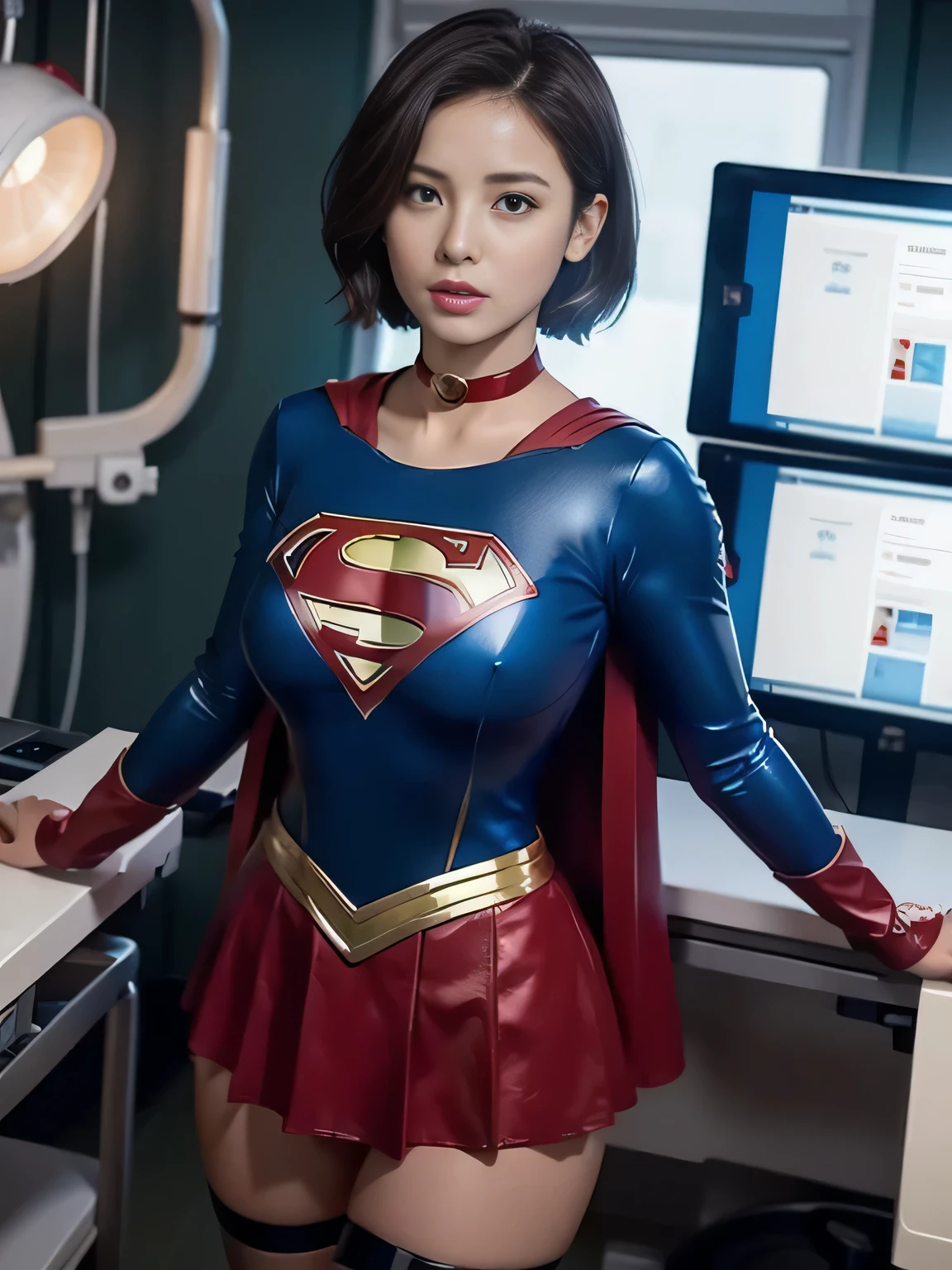 masterpiece,Short-haired Supergirl shows off her thighs on the hospital operating table、Crisis situation、big and full breasts、look at the camera、shiny enamel costume、Gorgeous red enamel long boots、shiny red skirt、choker、long sleeve、Fluttering cloak、seductive gesture、sexy pose、