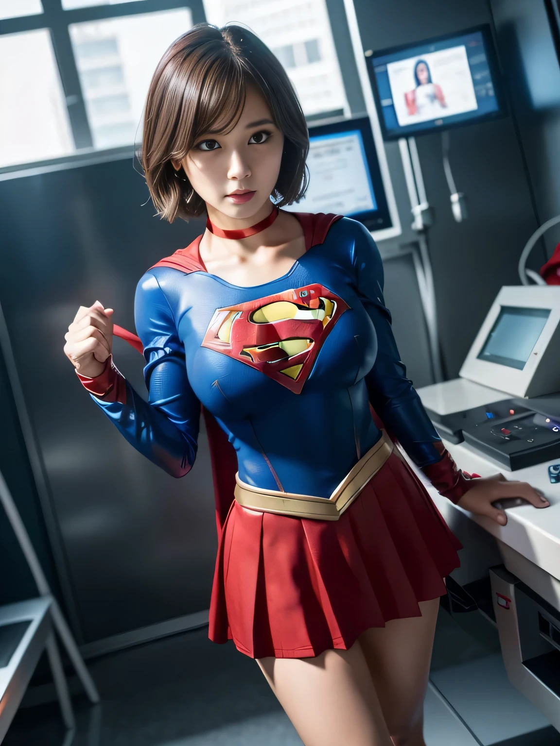 masterpiece、supergirl costume、short hair、Crisis situation、barefoot、big and full breasts、operating room、operating table、straddle、damaged、shiny costume、choker、red mini skirt、long sleeve、looking at camera、seductive gesture、