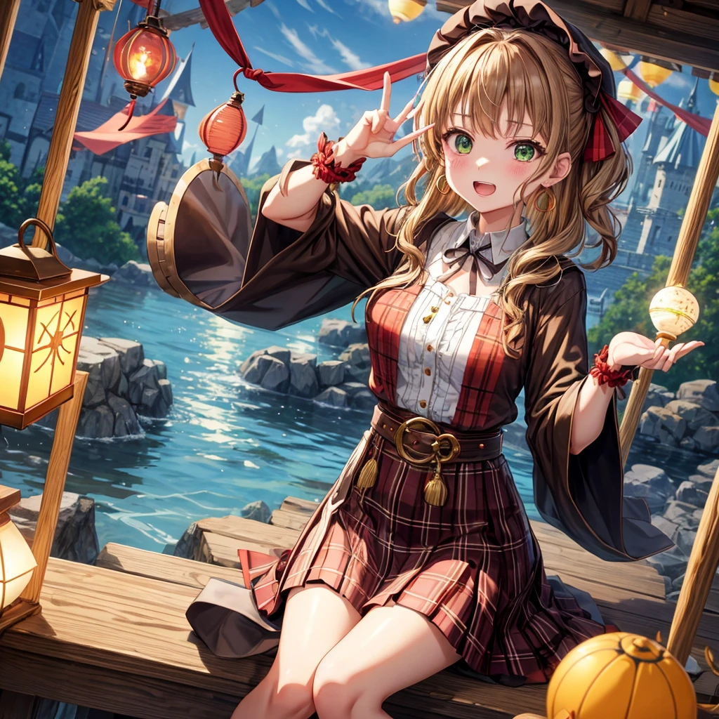 reddish-brown blonde、green eyes、ponytail、one good looking girl、solo、anime、plaid mini skirt、the skirt has buttons、camisole、black t-shirt、dress、wearing a ribbon、ribbon at waist、cloak、hood、clouds are swirling、stone slabs are piled up、one hand raised、Wearing a baseball cap 、crystal earrings、sun、sitting、gold coins are falling、teeth are visible、splash of water、monster castle、have a world map、bow、Swing、ceiling、frying pan、have a lantern