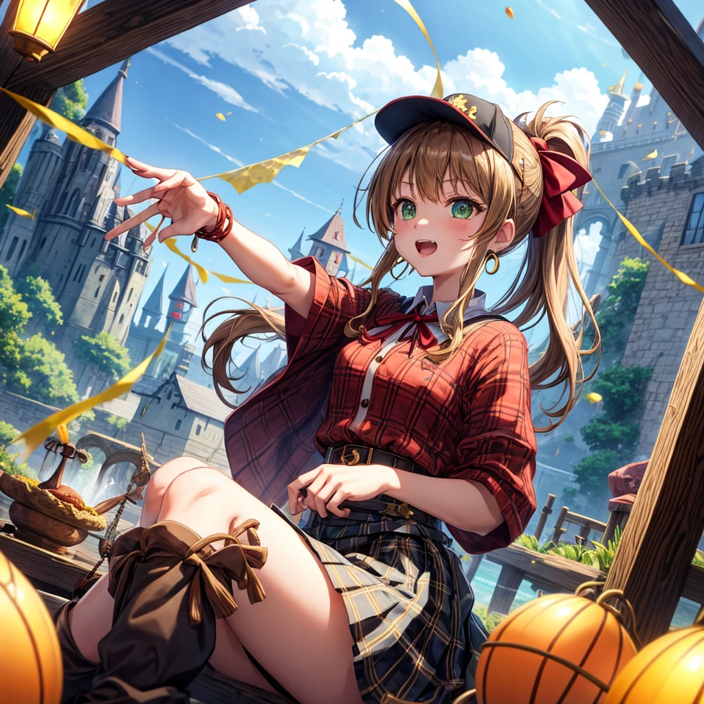 reddish-brown blonde、green eyes、ponytail、one good looking girl、solo、anime、plaid mini skirt、the skirt has buttons、camisole、black t-shirt、dress、wearing a ribbon、ribbon at waist、cloak、hood、clouds are swirling、stone slabs are piled up、one hand raised、Wearing a baseball cap 、crystal earrings、sun、sitting、gold coins are falling、teeth are visible、splash of water、monster castle、have a world map、bow、Swing、ceiling、frying pan、have a lantern