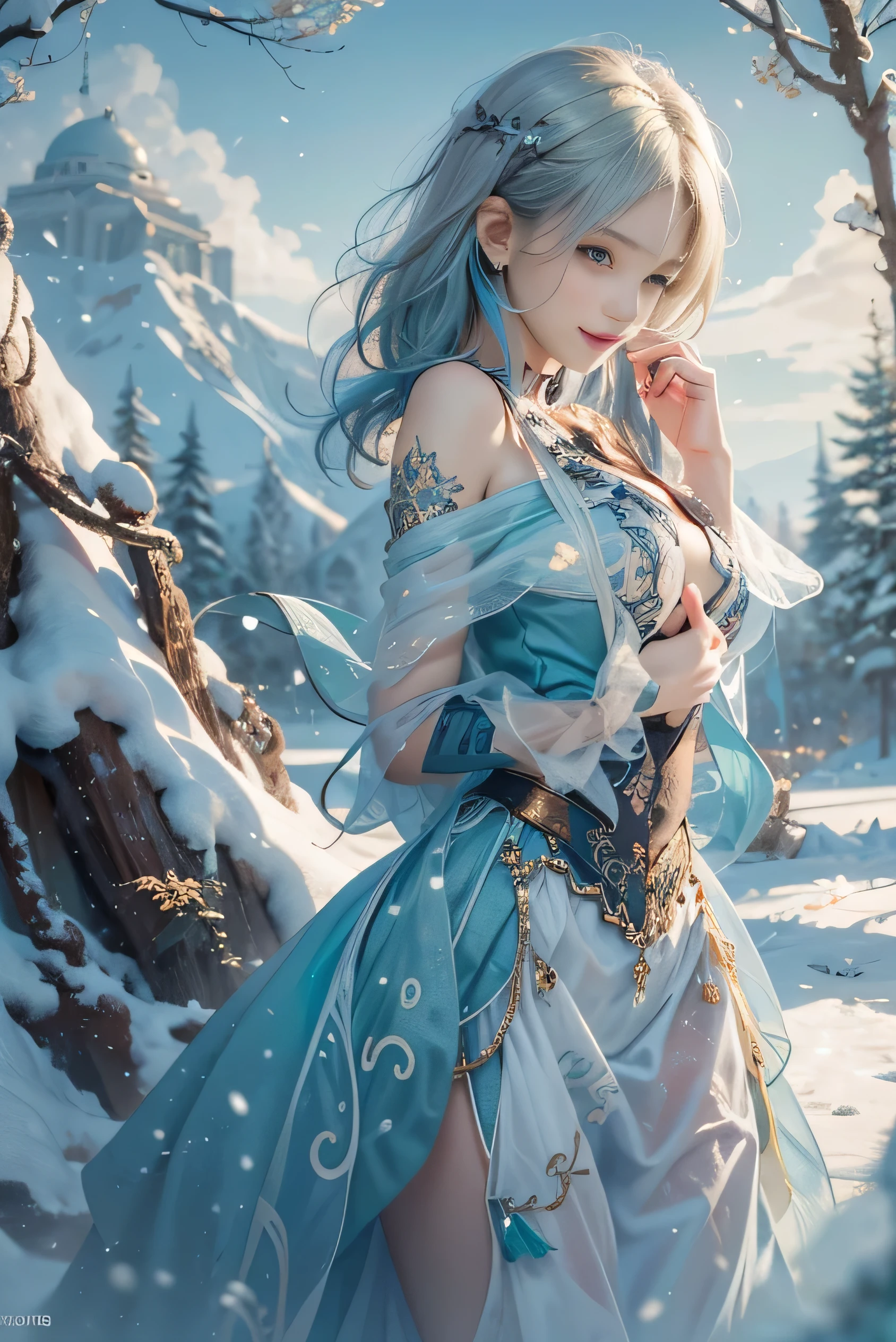 (photorealistic:1.8, highest quality:1.8,8K masterpiece:1.8,High resolution,muste piece:1.8),snow mountainに立つ1人の23歳の女性,fantasy,(tight mini dress、Transparent Shawl、delicate hair ornament、Elegant earrings、choker), blue eyes,綺麗で詳細なblue eyes:1.7,double eyelid:1.6,beautiful skin:1.8, (looking at the camera:1.2),(View from the front:1.3),(Short Hair:1.2,Fluffy Bob Cut,Beautiful shining blue lime hair:1.5), expression(Sly Smile:1.3,face turns red:1.3),(Moderate chest:1.3),Pause(Seductive pose:1.5),background(snow scene:1.5,snow mountain:1.3,psychedelic fairy forest),(slender, abs:1.2),(detailed perfect face),normal hands:1.5,normal finger:1:5,normal feet:1.5,(cameltoe)