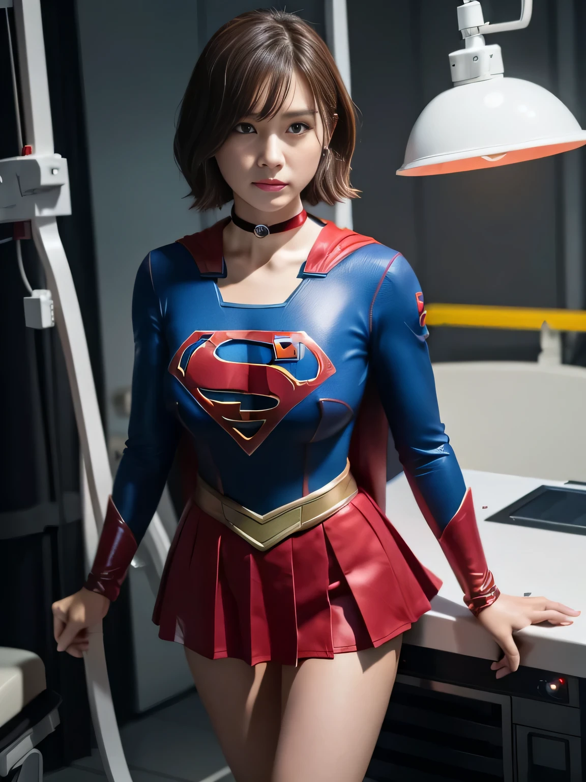 masterpiece、supergirl costume、short hair、Crisis situation、barefoot、big and full breasts、operating room、operating table、straddle、damaged、shiny costume、choker、red mini skirt、long sleeve、looking at camera、seductive gesture、