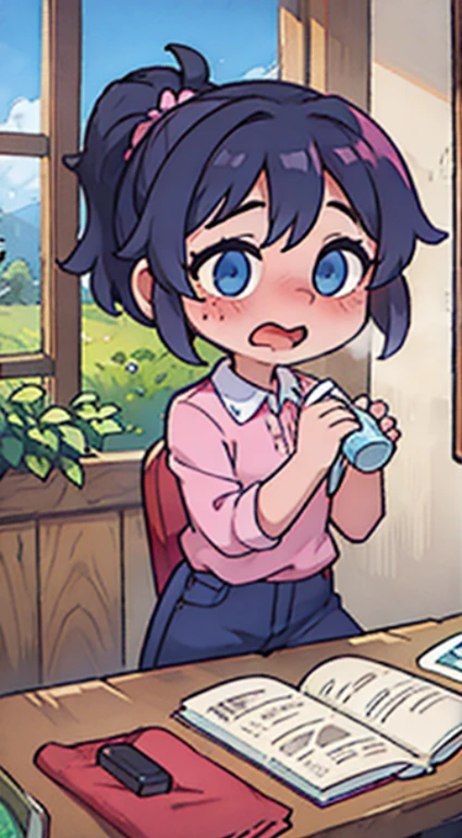 make a littleem girl named Bloom,pink ponytail,blue detailed shirt,she is shy,blush,embarrassed,she does'nt want to grow up,blue eyes