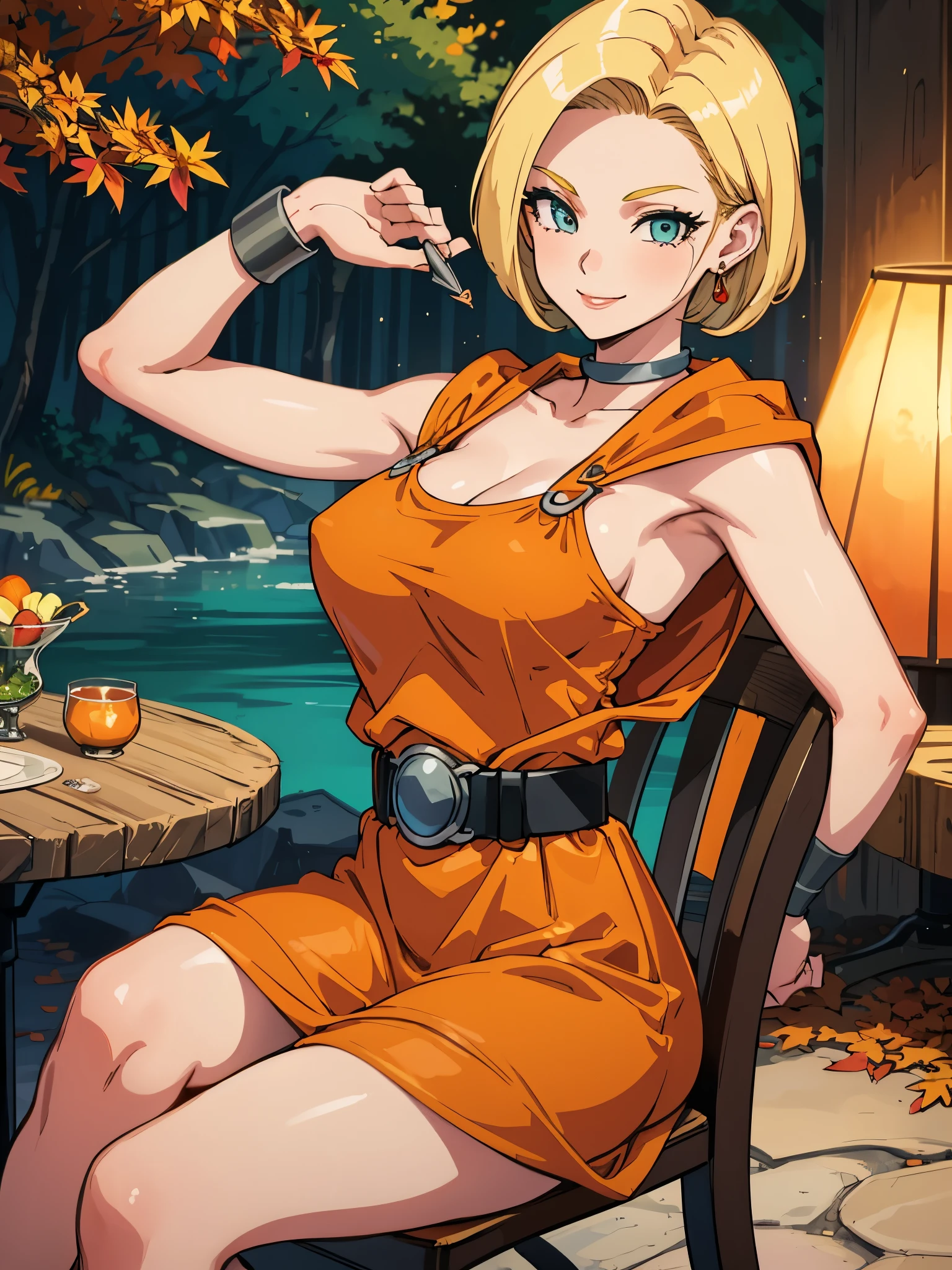 (Show your armpits),masterpiece, highest quality, dq bianca, single blade, earrings, choker, orange cloak, (green dress), belt, looking at the viewer, big breasts, sitting, Chair, Pouch, autumn, smile 
