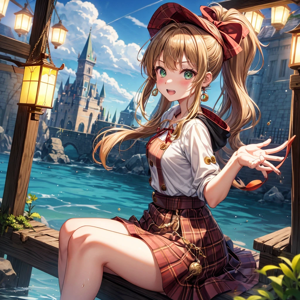 reddish-brown blonde、green eyes、ponytail、one good looking girl、solo、anime、plaid mini skirt、the skirt has buttons、camisole、black t-shirt、dress、wearing a ribbon、ribbon at waist、cloak、hood、clouds are swirling、stone slabs are piled up、one hand raised、Wearing a baseball cap 、crystal earrings、sun、sitting、gold coins are falling、teeth are visible、splash of water、monster castle、have a world map、bow、Swing、ceiling、frying pan、have a lantern