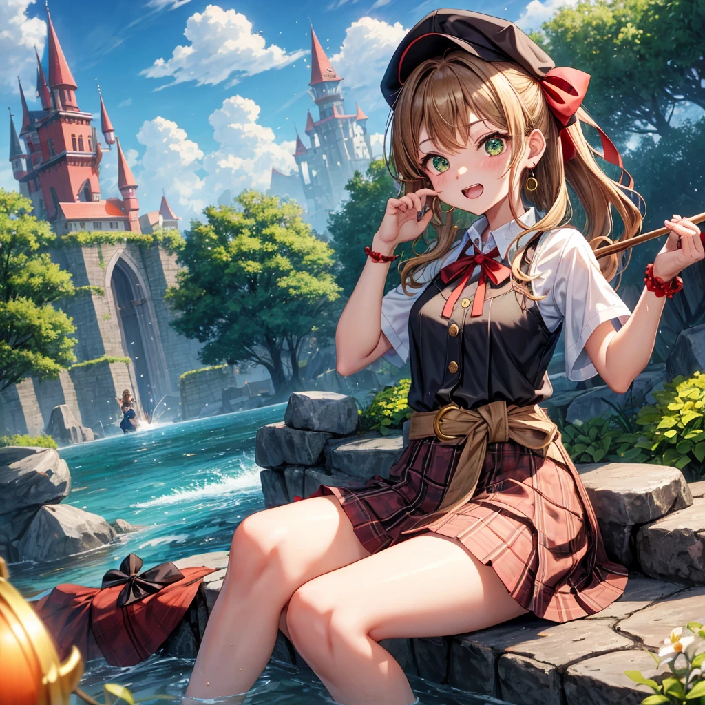 reddish-brown blonde、green eyes、ponytail、one good looking girl、solo、anime、plaid mini skirt、the skirt has buttons、camisole、black t-shirt、dress、wearing a ribbon、ribbon at waist、cloak、hood、clouds are swirling、stone slabs are piled up、one hand raised、Wearing a baseball cap 、crystal earrings、sun、sitting、gold coins are falling、teeth are visible、splash of water、monster castle、have a world map、bow、Swing、ceiling、frying pan、have a lantern