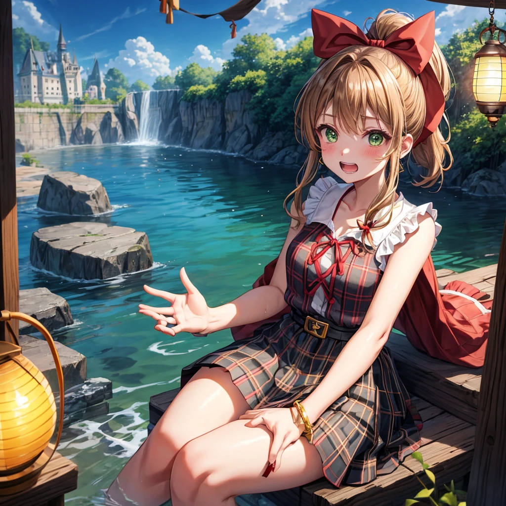 reddish-brown blonde、green eyes、ponytail、one good looking girl、solo、anime、plaid mini skirt、the skirt has buttons、camisole、black t-shirt、dress、wearing a ribbon、ribbon at waist、cloak、hood、clouds are swirling、stone slabs are piled up、one hand raised、Wearing a baseball cap 、crystal earrings、sun、sitting、gold coins are falling、teeth are visible、splash of water、monster castle、have a world map、bow、Swing、ceiling、frying pan、have a lantern