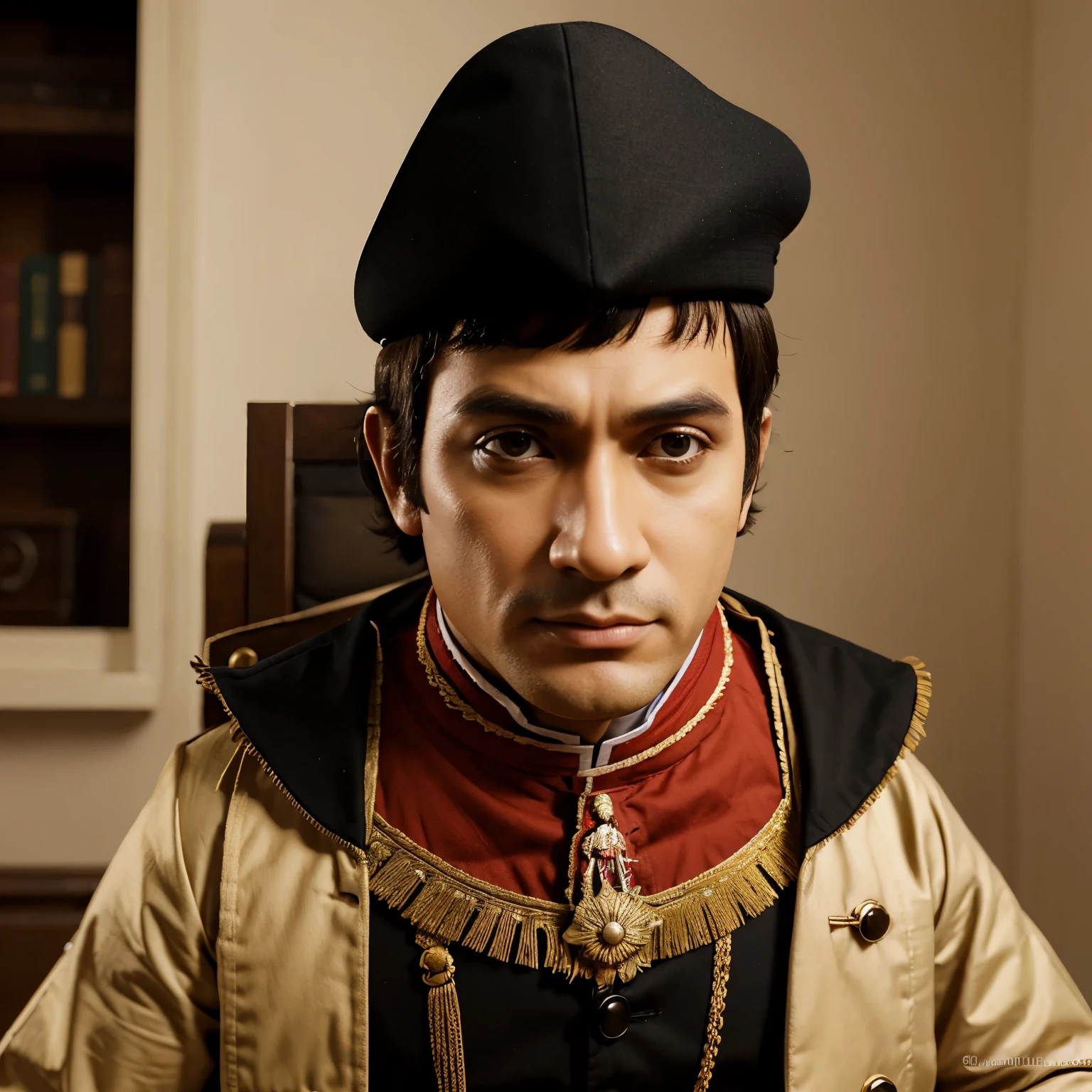 buatkan caricature 3D Napoleon Bonaparte diatas kuda putih berdiri berlatar belakang Medan perang