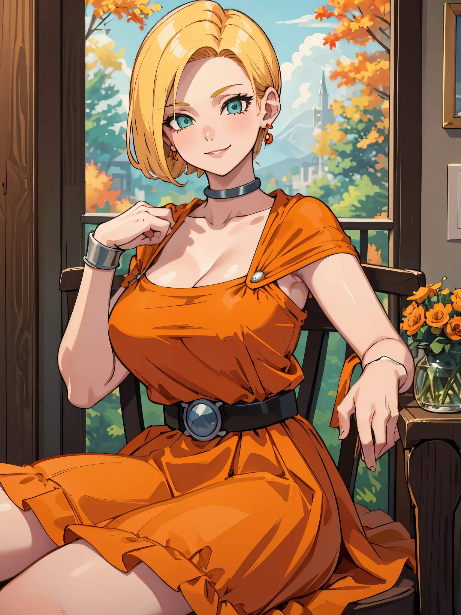 (Show your armpits),masterpiece, highest quality, dq bianca, single blade, earrings, choker, orange cloak, (green dress), belt, looking at the viewer, big breasts, sitting, Chair, Pouch, autumn, smile 