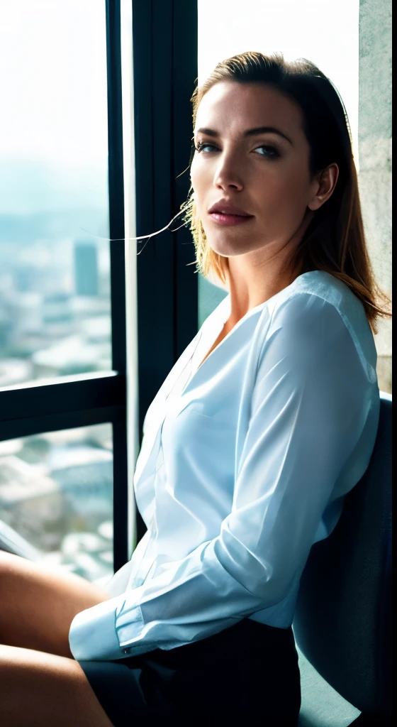 a handsome Katie Cassidy sitting in the office,crew cut,business suit,Windows,Cityscape,corpo inteiro,macho maduro,,melhor qualidade, 50mm f/2.8, fotografia e revista GQ, Trending on Flickr Masterpiece, high resolution, melhor qualidade,, Realistic, Realistic photo, foto do filme, ultra realistic, 1 pessoa, circunstanciado, perfect lighting, DSRL, foto profissional, 4k ,blue lighting,sorrir