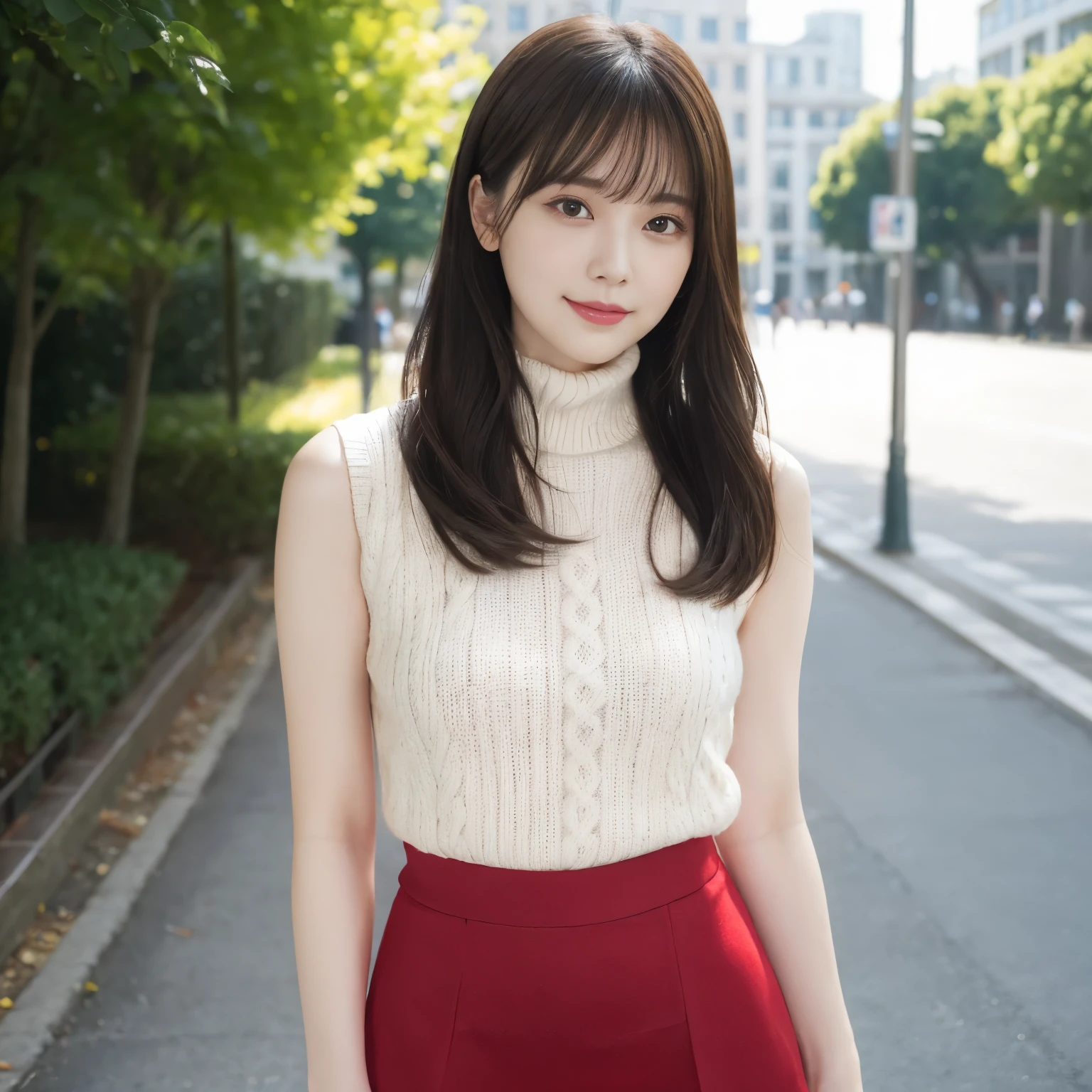 (highest quality、table top、8k、best image quality、Award-winning work)、one beautiful woman、25 years old、(solo:1.1)、perfect beautiful composition、(Huge breasts that are about to burst:1.1)、(perfect fit:1.1)、(emphasize body line:1.1)、(very short very short hair:1.1)、(Perfect center parted bangs:1.1)、slender body、(Perfect white turtleneck sleeveless knit sweater:1.2)、(Elegant red melton skirt:1.2)、(red melton fabric miniskirt:1.1)、(skirt without creases:1.2)、(Boldly exposing her beautiful bare thighs:1.2)、(full body photo:1.2)、look at me and smile、(blurred background:1.1)、(Strongly blurred accurate urban park background:1.1)、Standing gracefully、droopy eyes、natural makeup、Ultra high definition beauty face、ultra high definition hair、Super high-definition sparkling eyes、(Super high-definition shiny white skin:1.1)、Super high resolution glossy lips、accurate anatomy、(very bright and vivid:1.1)、