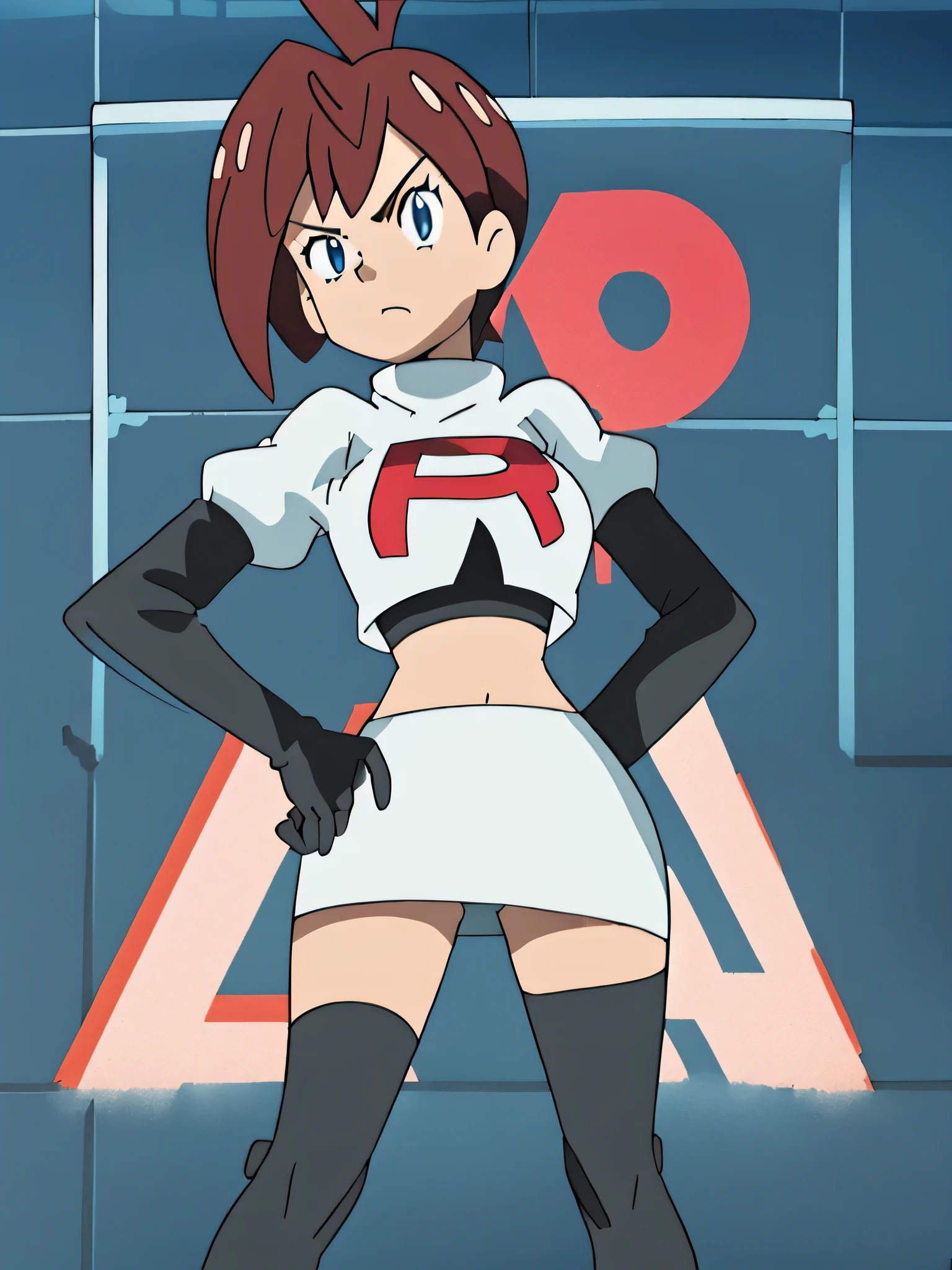 8k, ,1girl in, (solo:1.1), (perfect body:1.1), (best quality:1.1), very large breast, team rocket uniform, red letter r, white skirt,white crop top,black thigh-high boots, black elbow gloves, glaring angrily, looking down at viewer, hands on hips,zettai ryouiki,cowboy shot,