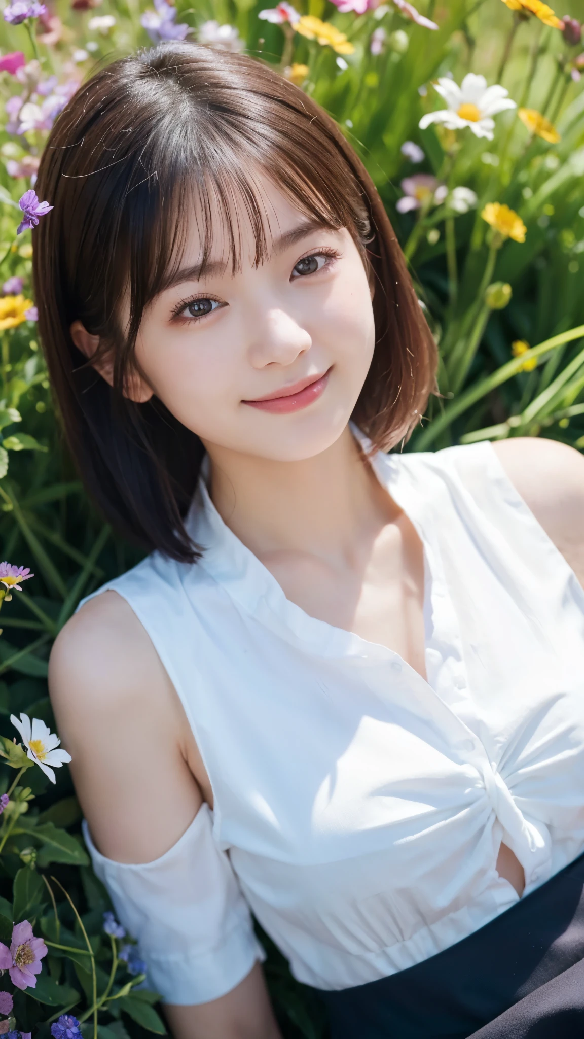 (highest quality,masterpiece:1.3,ultra high resolution),(Super detailed,caustics,8k),(photorealistic:1.4,RAW shooting),(girl lying in a flower field),18-year-old,cute,Japanese,black short hair,look up at the camera with a smile,white blouse,(big ),bust up shot,(high position),(high angle),face focus,face close up,bright light,Natural light,professional writing