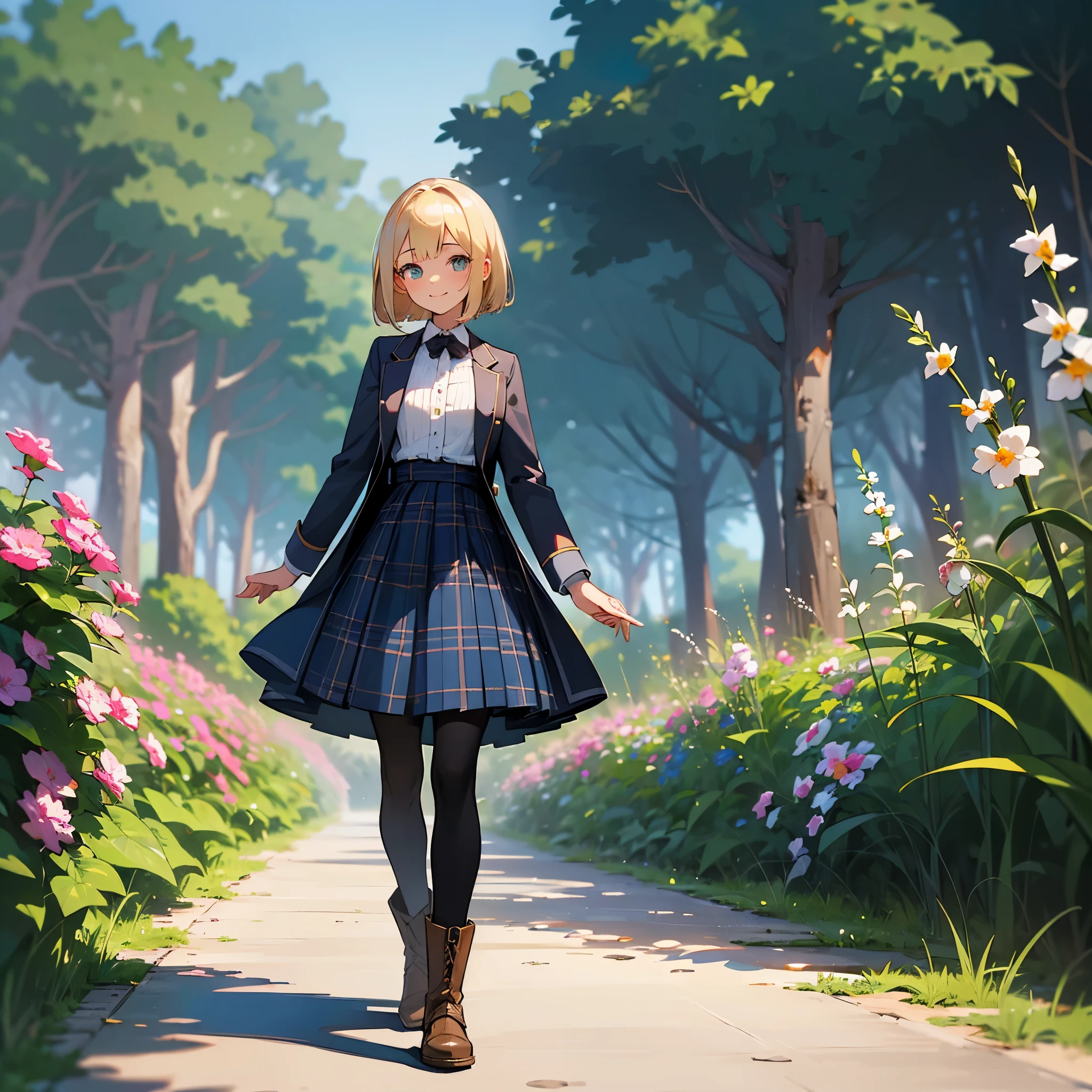 (high quality, High resolution, Super detailed, reality:1.37), peaceful atmosphere, (outdoors, garden), girl standing alone, (big chest.), beautiful detailed features, cute smile, (blonde bob hair), ribbed sweater, blue plaid skirt, black tights, brown boots.