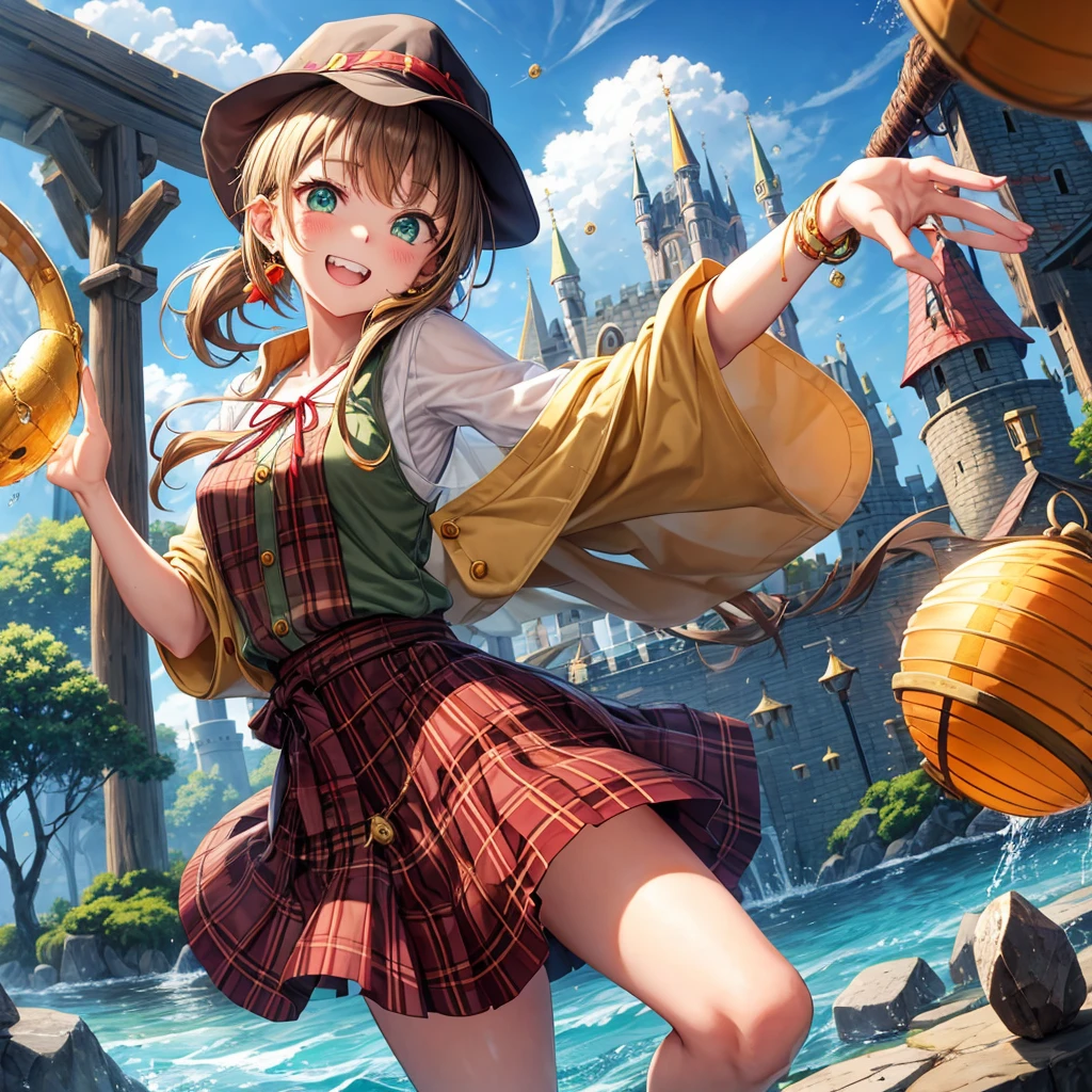 reddish-brown blonde、green eyes、ponytail、one good looking girl、solo、anime、plaid mini skirt、the skirt has buttons、camisole、black t-shirt、dress、wearing a ribbon、ribbon at waist、cloak、hood、clouds are swirling、stone slabs are piled up、one hand raised、Wearing a baseball cap 、crystal earrings、sun、gold coins are falling、teeth are visible、splash of water、monster castle、have a world map、bow、Swing、ceiling、frying pan、have a lantern