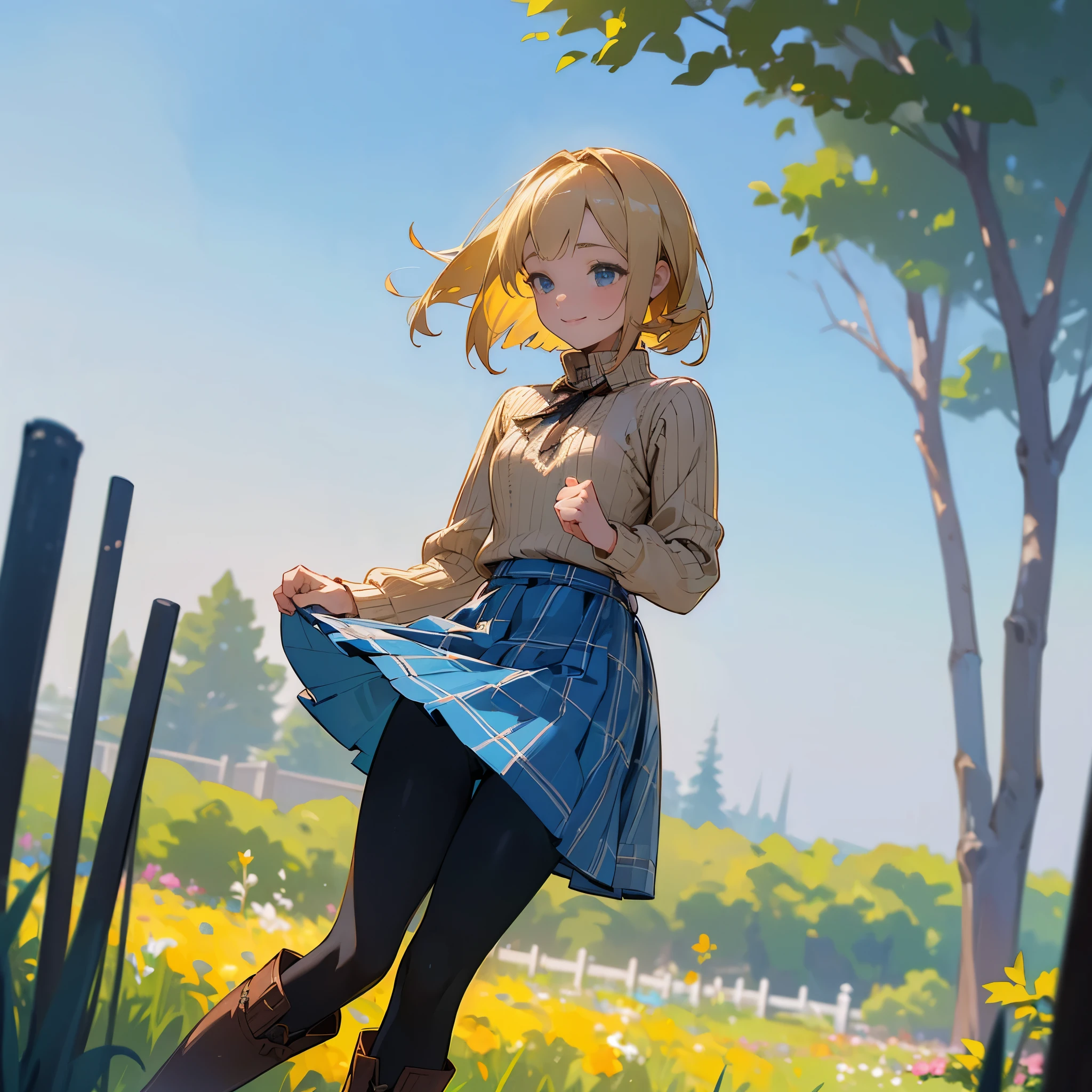 (high quality, High resolution, Super detailed, reality:1.37), peaceful atmosphere, (outdoors, garden), age girl standing alone, ((big chest.)), beautiful detailed features, cute smile, (blonde bob hair), ribbed sweater, blue plaid skirt, black tights, brown boots.