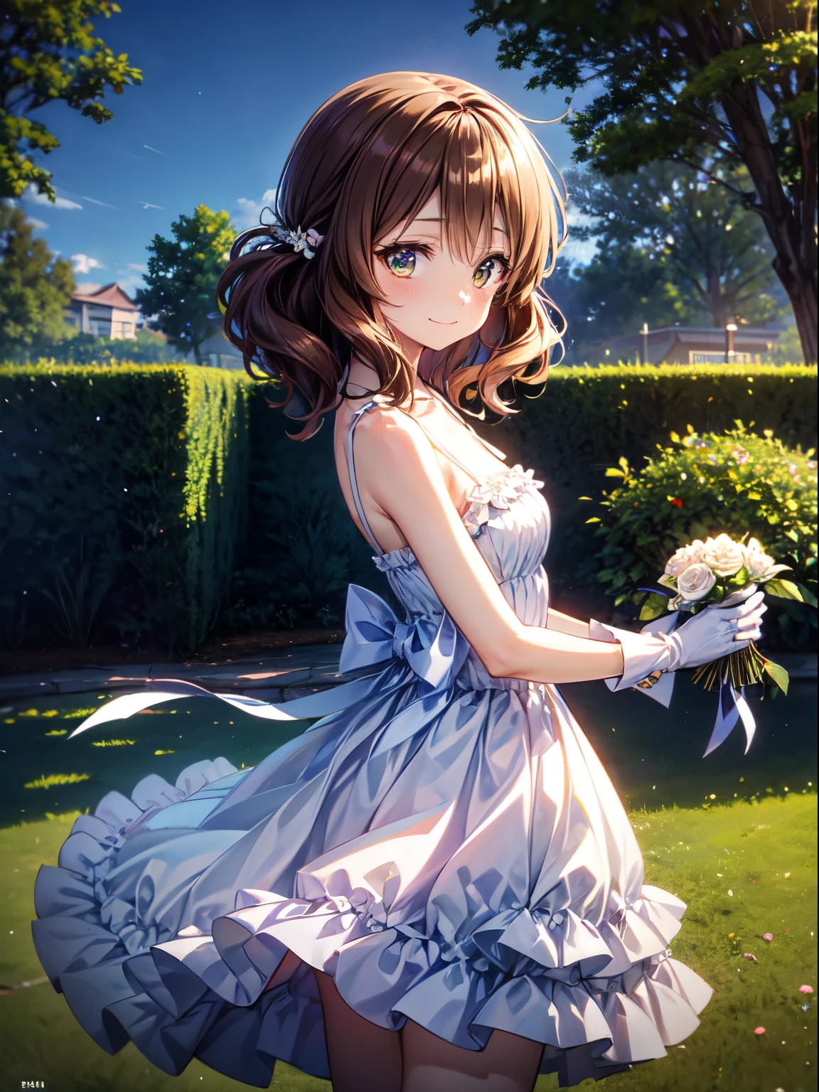 High resolution, highest quality, super high quality,3D images、Kumiko、3D images、beautiful flower々満開のgarden、brown hair、wavy hair、Highly detailed CG Unity 8k wallpaper, [3D images:1.15],charming eyes、[[detailed eye、colorful eyes、shining eyes:1.15]], , Super detailed,thin fingers、Front view、cinematic lighting、Yellow before＿Kumiko、、absolute reference、 garden、wedding lingerie、wedding gloves up to the arm、white dress、closed mouth、cute smile、long skirt、cowboy shot