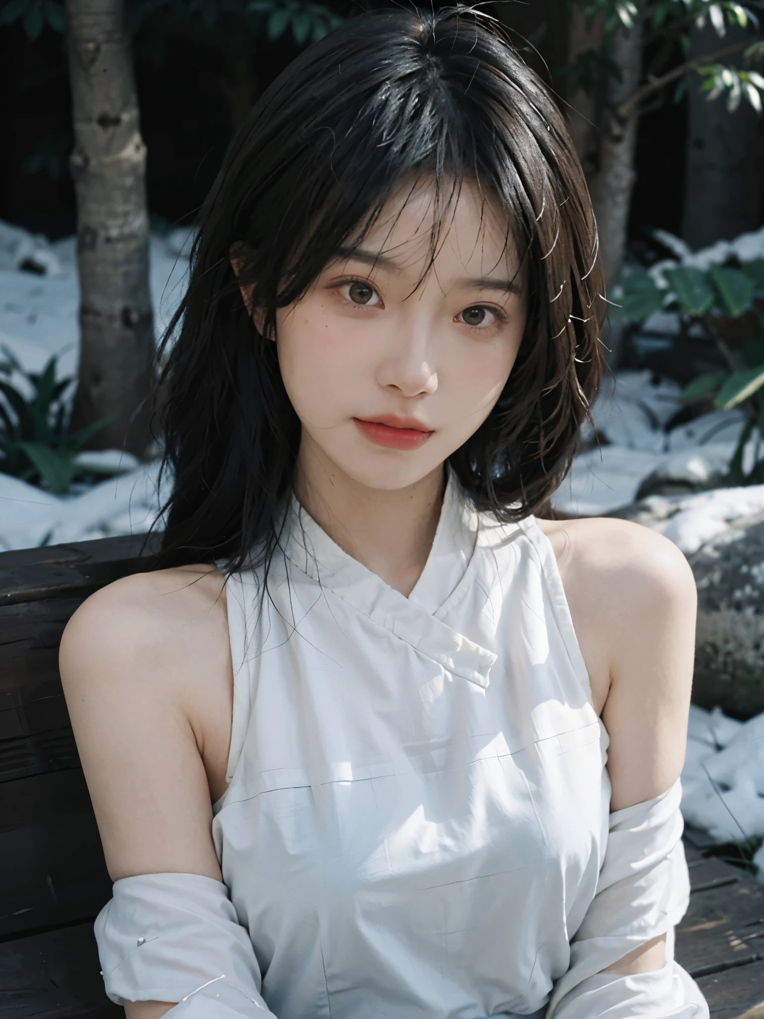 Film portrait photography, 2 girls, bare shoulders, Shoulder length wavy hair, Snow-white cheongsam,(Realistic and detailed eyes, natural skin texture, Realistic facial details),, depth of field, Bokeh, Vibrant details, Detailed and detailed, Surrealism, 35mm film, hazy, ,self-shot,