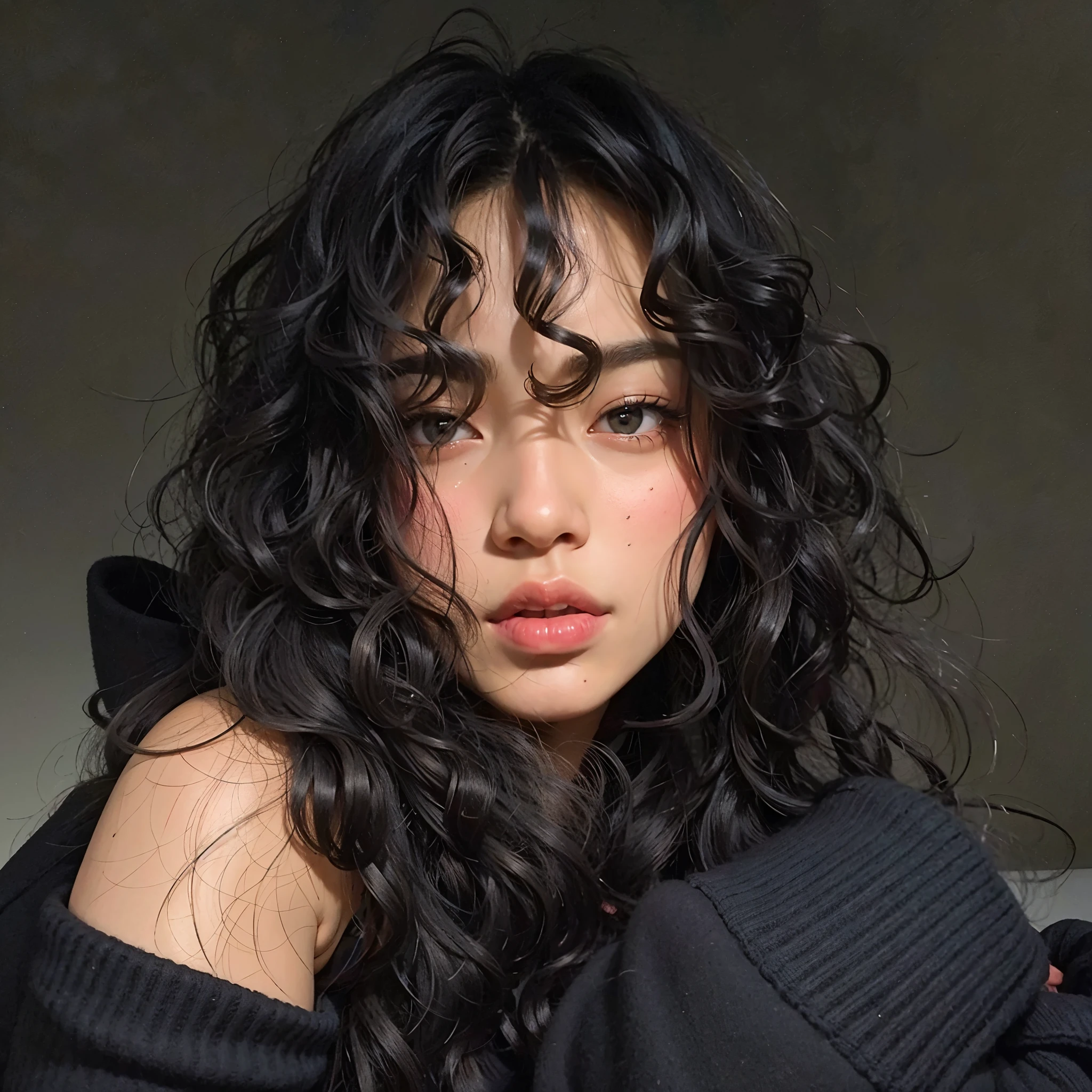 curvy woman with long black hair and a black sweater, franja encaracolada, com cabelos longos e cacheados, long wild cabelo preto cacheado, cabelo preto longo e cacheado, messy curly hair, Cabelo preto encaracolado, long messy curly hair, cabelo escuro cacheado, 🤤 retrato de , cabelo preto cacheado, corte de cabelo cacheado com parte do meio, seu rosto emoldurado por cachos, long cabelo preto cacheado