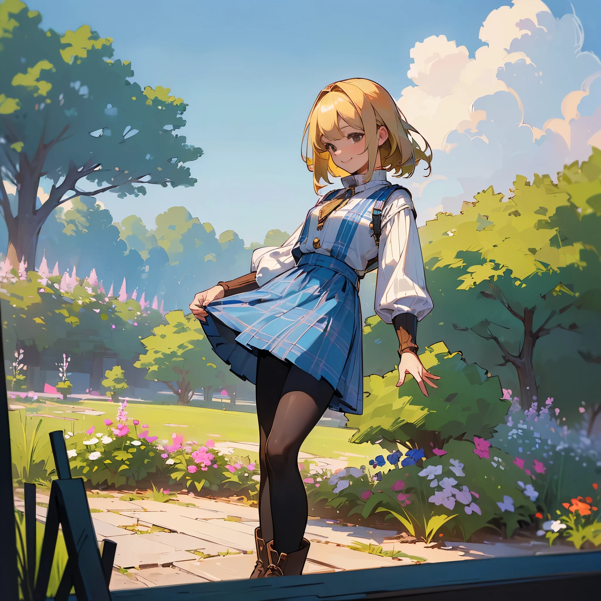 (high quality, High resolution, Super detailed, reality:1.37), peaceful atmosphere, (outdoors, garden), teenage girl standing alone, ((big chest.)), beautiful detailed features, cute smile, (blonde bob hair), ribbed sweater, blue plaid skirt, black tights, brown boots.