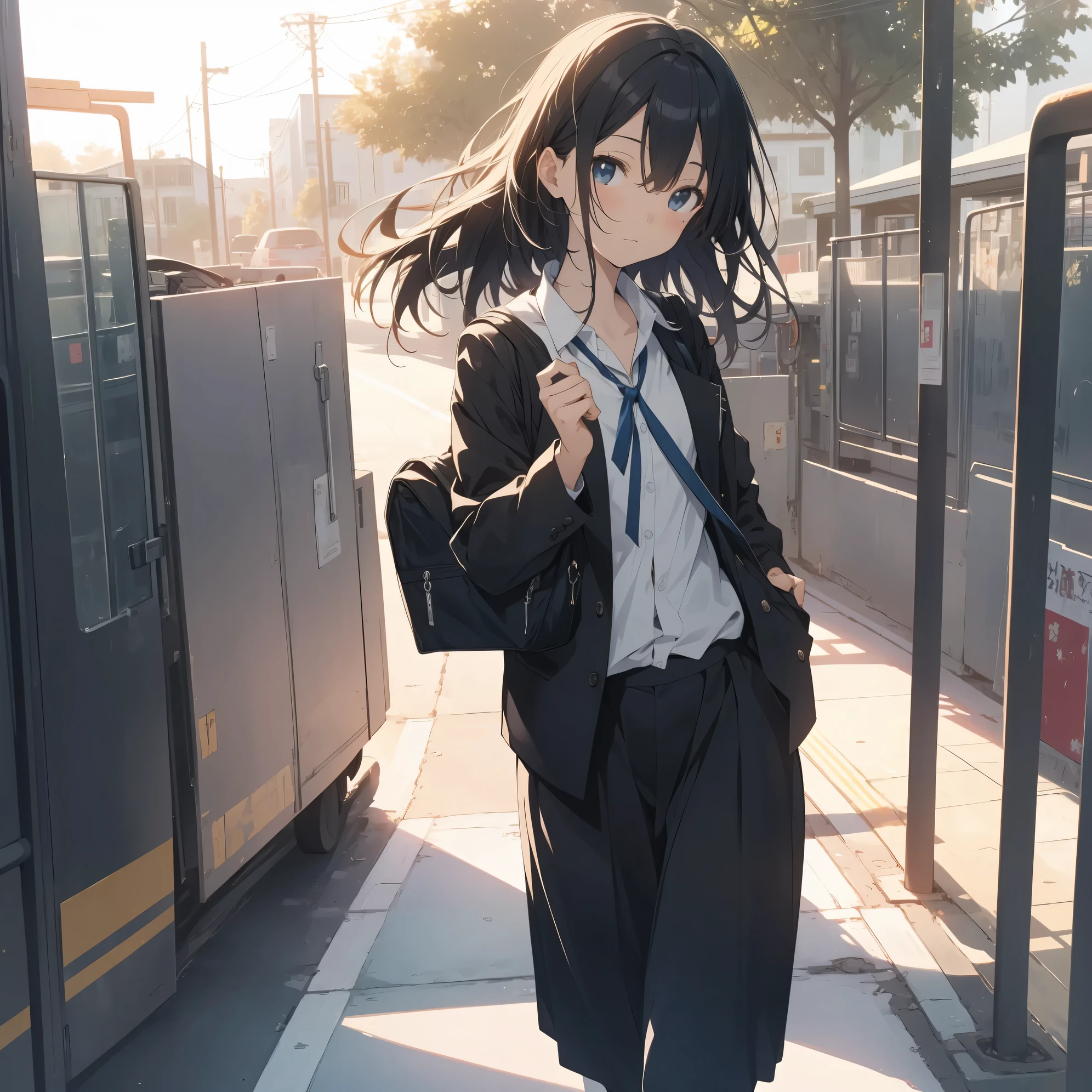 Ultra-highest quality by the art god, super detailed, High resolution, anime moe art style, Best Anime 8K Kona-chan Wallpaper, pixiv contest winner, perfect anatomy, break,(眠そうにalone学校へ行く女の子を描いてください. )break, 1 girl,(alone,little woman,:1.3),All limbs, full finger,, (very short hair,boyish hair), bangs, flat chest, small breasts, Because I'm slender, thin body, small ass, between legs,Big eyes, black eye, detailed and beautiful eyes, Well-proportioned iris and pupils, expressive eyes, High resolutionの詳細な髪, ribbon, Ascot, school uniform, school bag.(detailed lighting), (detailed background), On the way to school. break,super dense skin, Best lighting by famous artists, 8k, figure,Hmm, rough skin