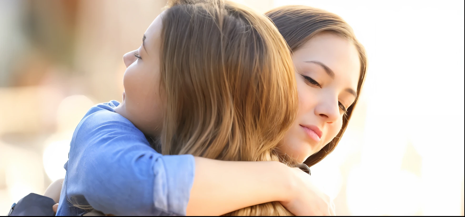 There's a woman hugging a young woman with her arms around her, Woman holding a  girl, hugging each other, portrait of women embracing, hugging, hugging and cradling, arm around her neck, hugging her knees, segurando-se uns aos outros, extremamente emocional, Segurando uma espada, reconfortante, crying and reaching with her arm,