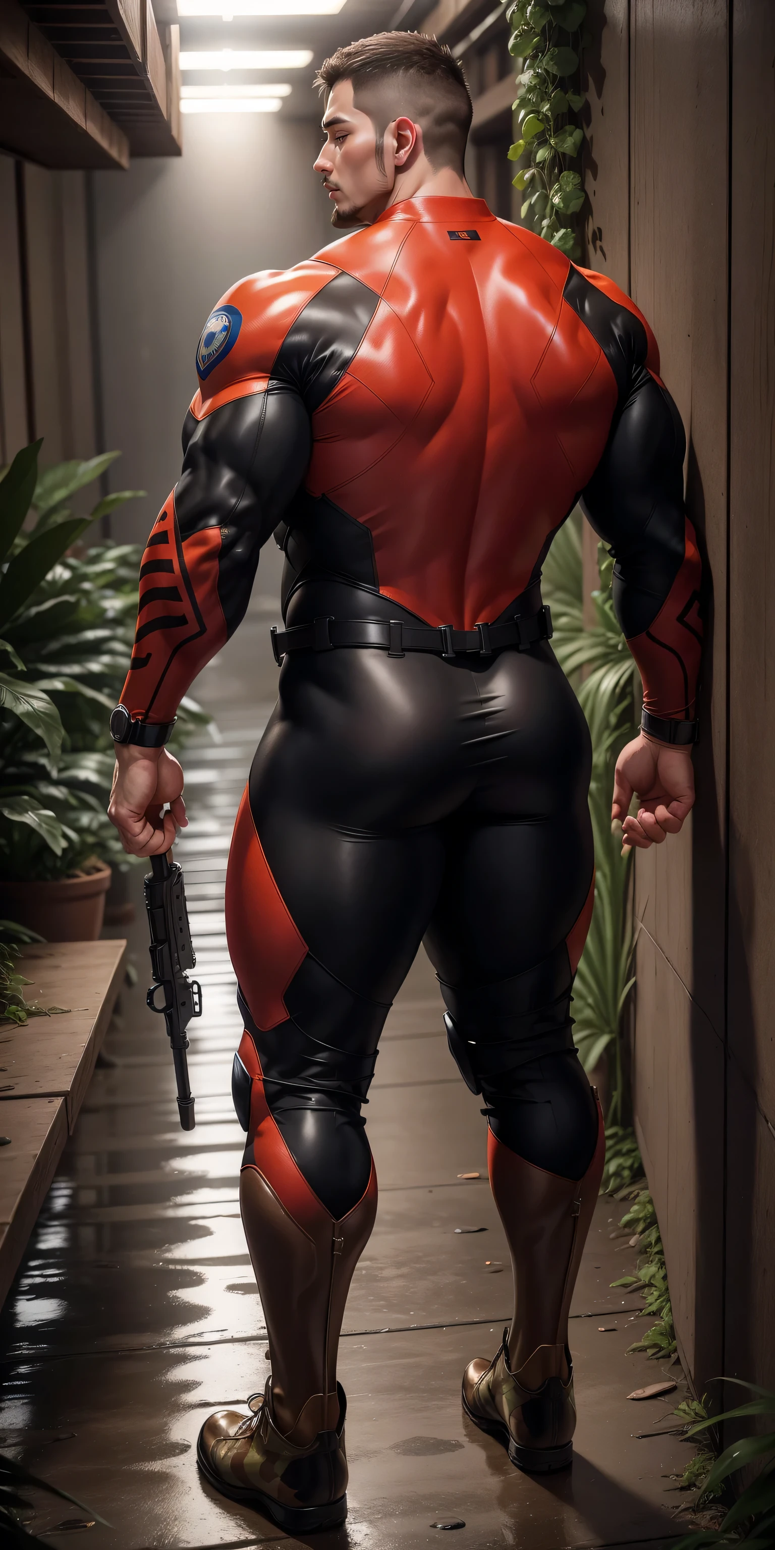 特别High背影, huge, and muscular police officer.,Red and brown khaki camouflage wetsuit,he faces the wall,Hold the wall with both hands,round butt,Highlights,character idea(Resident Evil - chris redfield,chris redfield)senior police officer,身穿Red and brown khaki camouflage wetsuit,matte texture,regular symmetrical texture pattern,Standing in the dark sugar cane jungle, The body is wrapped in thick rattan,Valiant male pose,高大burly,muscular!Charming leg muscles,High, burly, Heqiang, 身穿Red and brown khaki camouflage wetsuit, Super gain and cool, high resolution committee, Big feet in reddish brown boots,Charming strong man,The bright sunshine is shining on you,matte particles,shiny texture