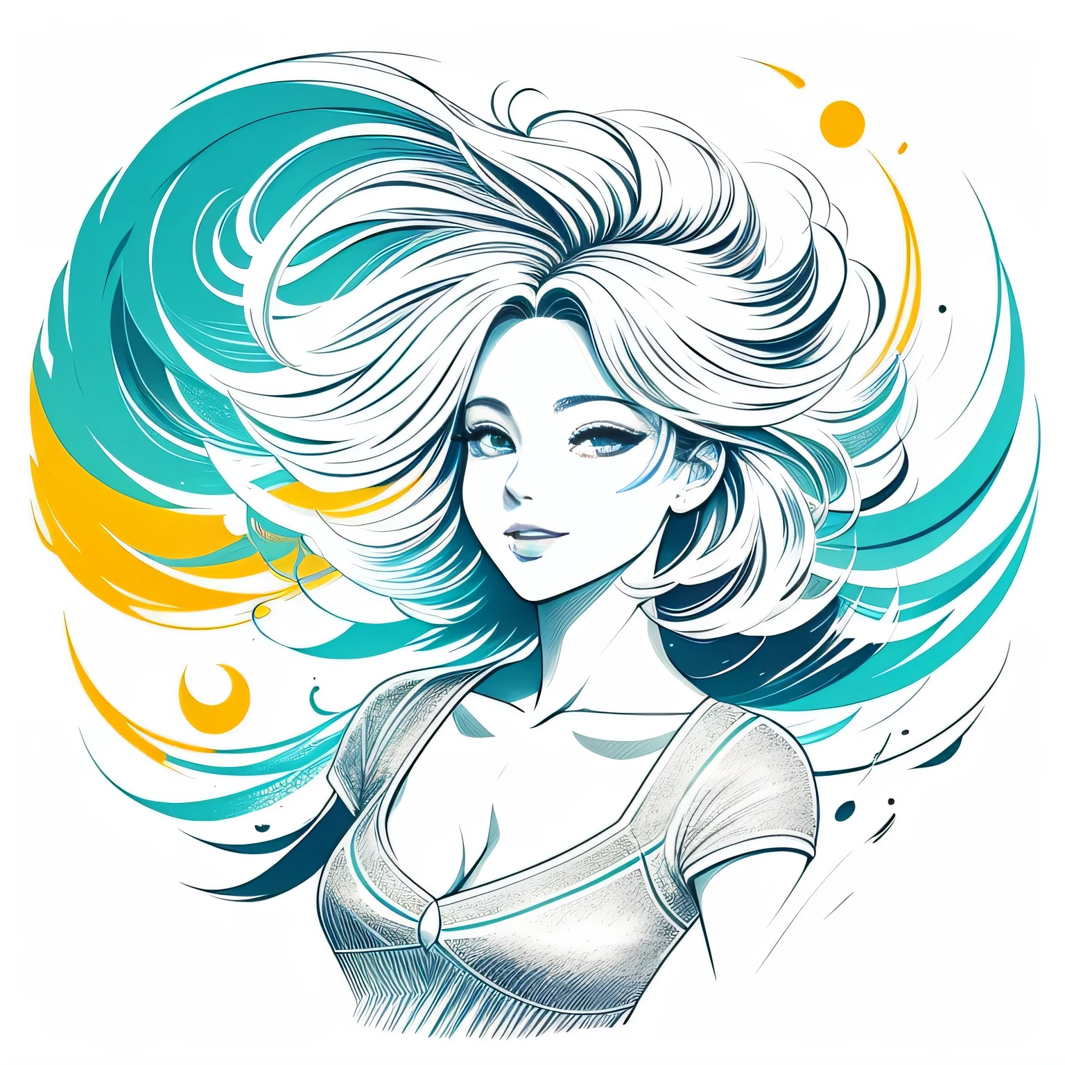 arte de tinta, uma linda  de cabelo moreno, estilo anime, ouvir longo, sorrindo com estilo, dynamic poses, ultra colorfull, fundo branco, detalhes, limpo, obra-prima,