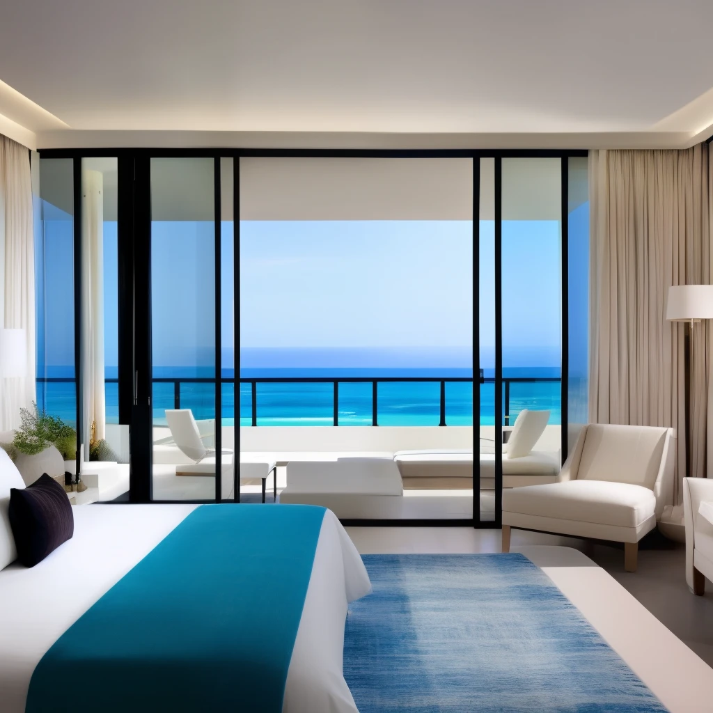 modern interior design bedroom、Ocean view from one window、Resort Condominiums、Blue sky、Deep blue ocean、Spectacular view、realistic、high resolution、High resolution、photograph、realistic texture