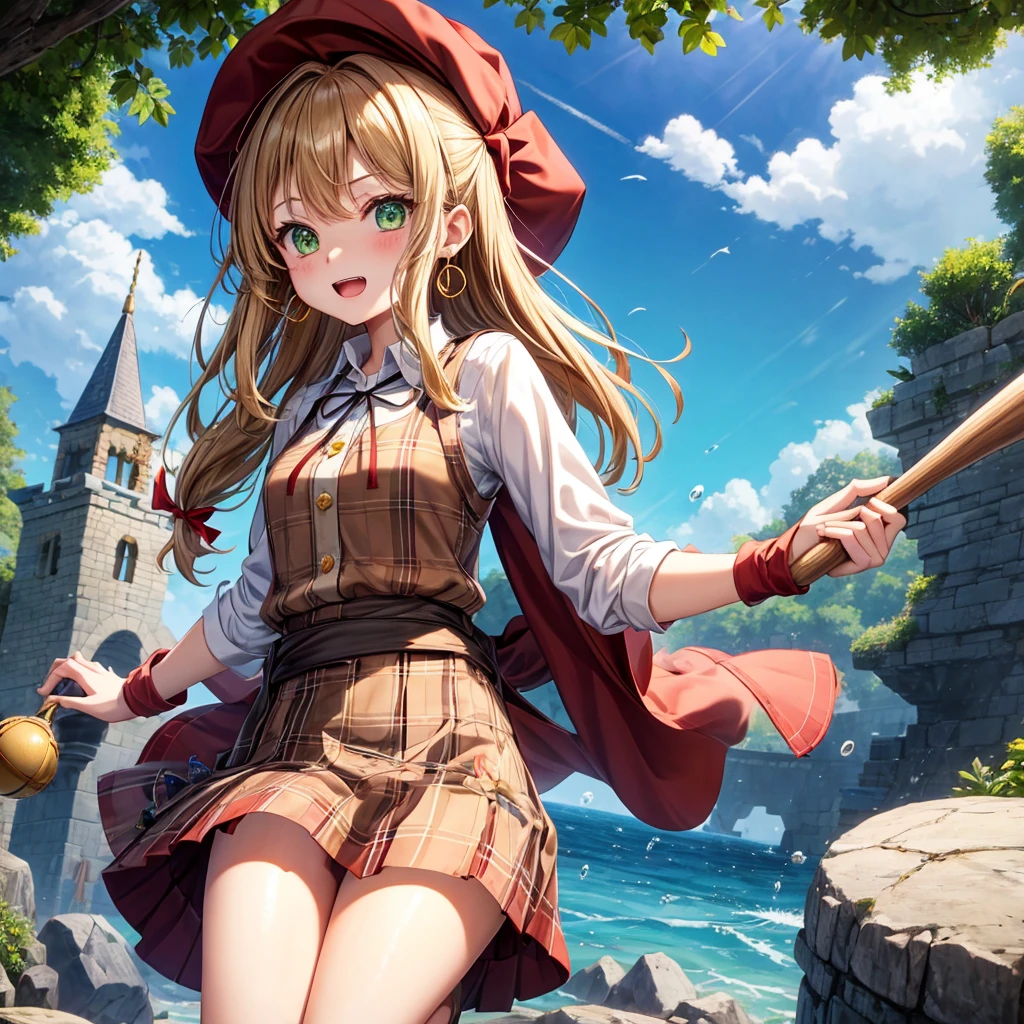 reddish-brown blonde、green eyes、one good looking girl、solo、anime、plaid mini skirt、the skirt has buttons、camisole、black t-shirt、dress、wearing a ribbon、ribbon at waist、cloak、hood、clouds are swirling、stone slabs are piled up、one hand raised、Wearing a baseball cap 、crystal earrings、sun、gold coins are falling、teeth are visible、splash of water、monster castle、have a world map、bow、Swing、ceiling、frying pan