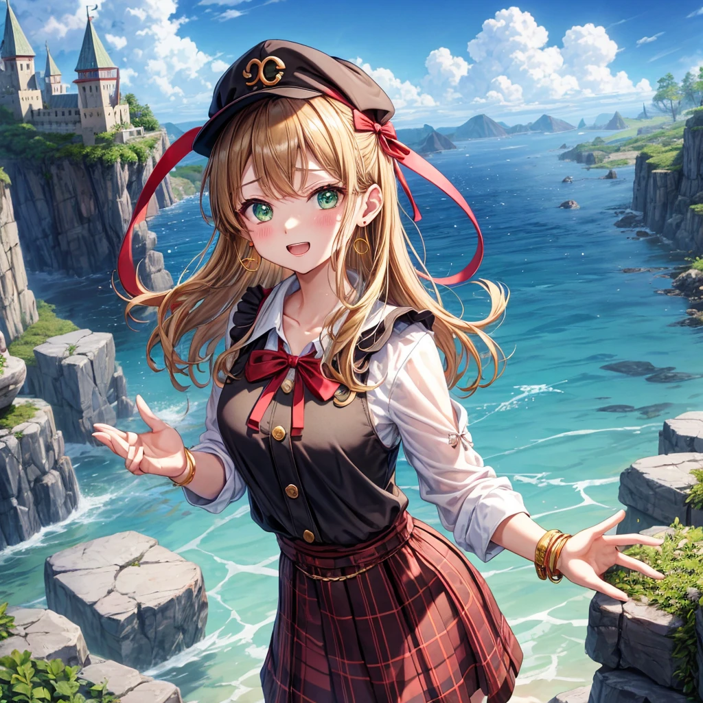 reddish-brown blonde、green eyes、one good looking girl、solo、anime、plaid mini skirt、the skirt has buttons、camisole、black t-shirt、dress、wearing a ribbon、ribbon at waist、cloak、hood、clouds are swirling、stone slabs are piled up、one hand raised、Wearing a baseball cap 、crystal earrings、sun、gold coins are falling、teeth are visible、splash of water、monster castle、have a world map、bow、Swing、ceiling、frying pan
