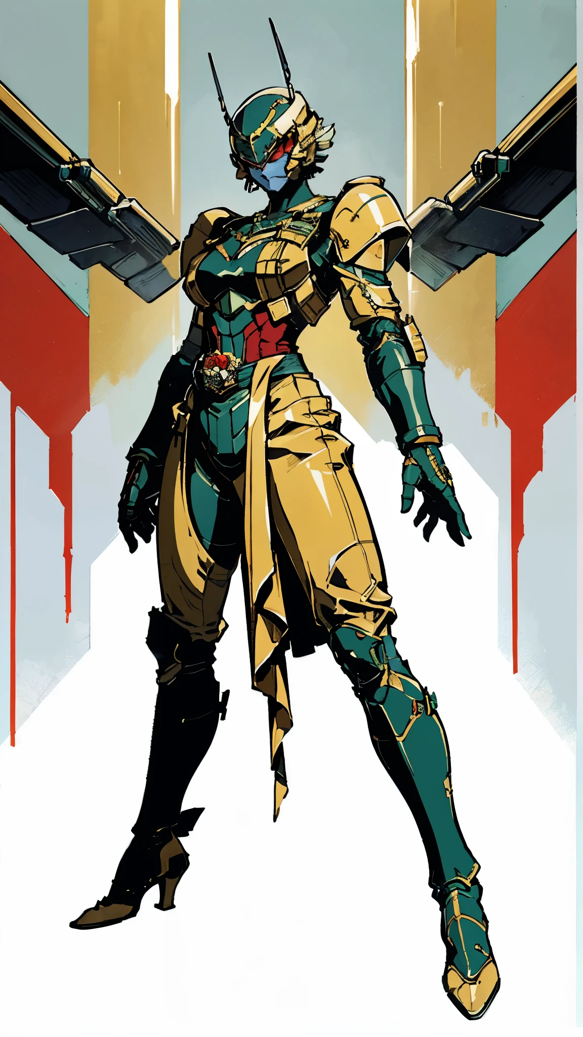 A woman adorned in fantasy-style full-body armor, a crown-concept fully enclosed helmet that unveils only her eyes, a composite layered chest plate, fully encompassing shoulder and hand guards, a lightweight waist armor, form-fitting shin guards, the overall design is heavy-duty yet flexible, (the armor gleams with a golden glow, complemented by red and blue accents), exhibiting a noble aura, she floats above a fantasy-surreal high-tech city, this character embodies a finely crafted fantasy-surreal style armored hero in anime style, exquisite and mature manga art style, (mixture of Queen bee and Spider concept Armor, plasma), ((Element, elegant, goddess, femminine:1.5)), metallic, high definition, best quality, highres, ultra-detailed, ultra-fine painting, extremely delicate, professional, anatomically correct, symmetrical face, extremely detailed eyes and face, high quality eyes, creativity, RAW photo, UHD, 32k, Natural light, cinematic lighting, masterpiece-anatomy-perfect, masterpiece:1.5