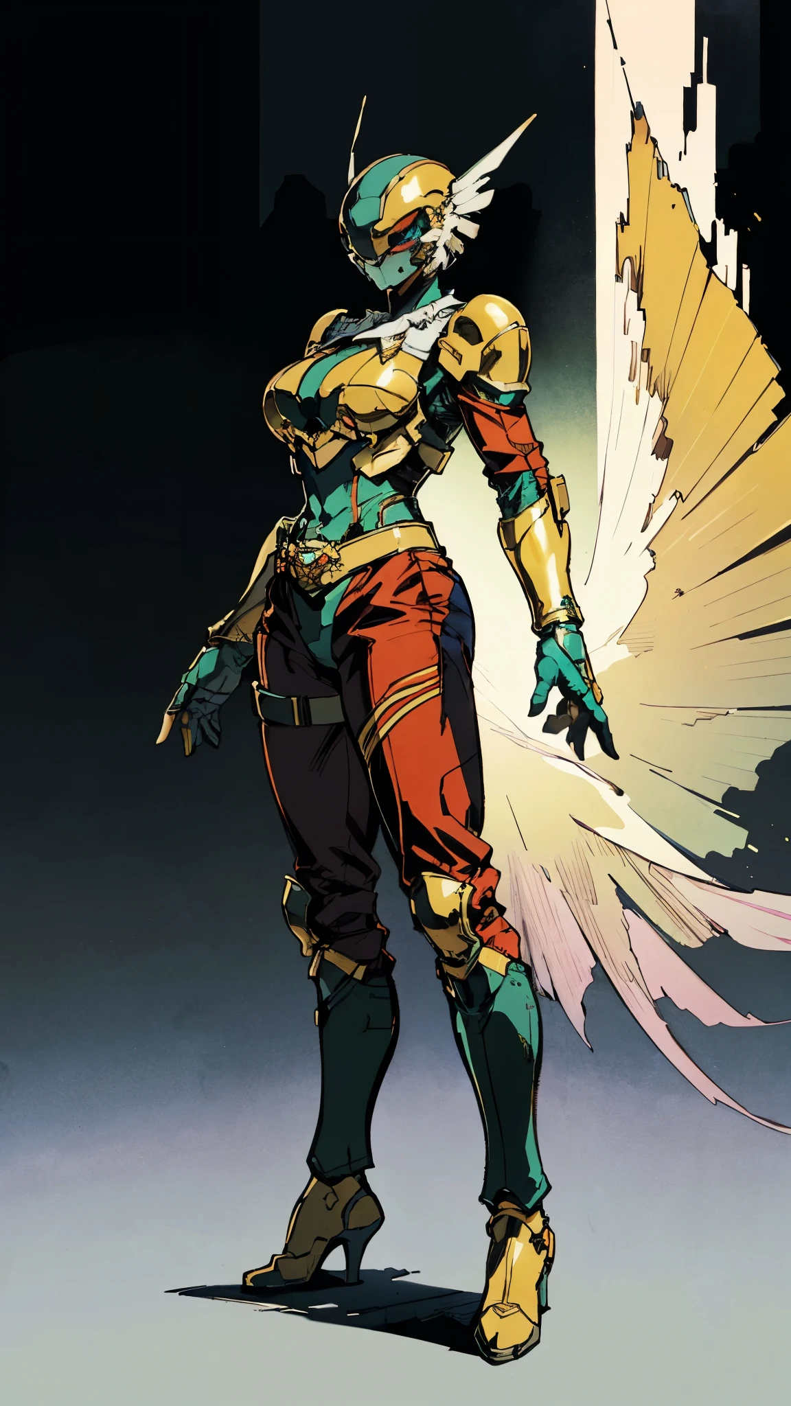 A woman adorned in fantasy-style full-body armor, a crown-concept fully enclosed helmet that unveils only her eyes, a composite layered chest plate, fully encompassing shoulder and hand guards, a lightweight waist armor, form-fitting shin guards, the overall design is heavy-duty yet flexible, (the armor gleams with a golden glow, complemented by red and blue accents), exhibiting a noble aura, she floats above a fantasy-surreal high-tech city, this character embodies a finely crafted fantasy-surreal style armored hero in anime style, exquisite and mature manga art style, (mixture of Queen bee and Spider concept Armor, plasma), ((Element, elegant, goddess, femminine:1.5)), metallic, high definition, best quality, highres, ultra-detailed, ultra-fine painting, extremely delicate, professional, anatomically correct, symmetrical face, extremely detailed eyes and face, high quality eyes, creativity, RAW photo, UHD, 32k, Natural light, cinematic lighting, masterpiece-anatomy-perfect, masterpiece:1.5