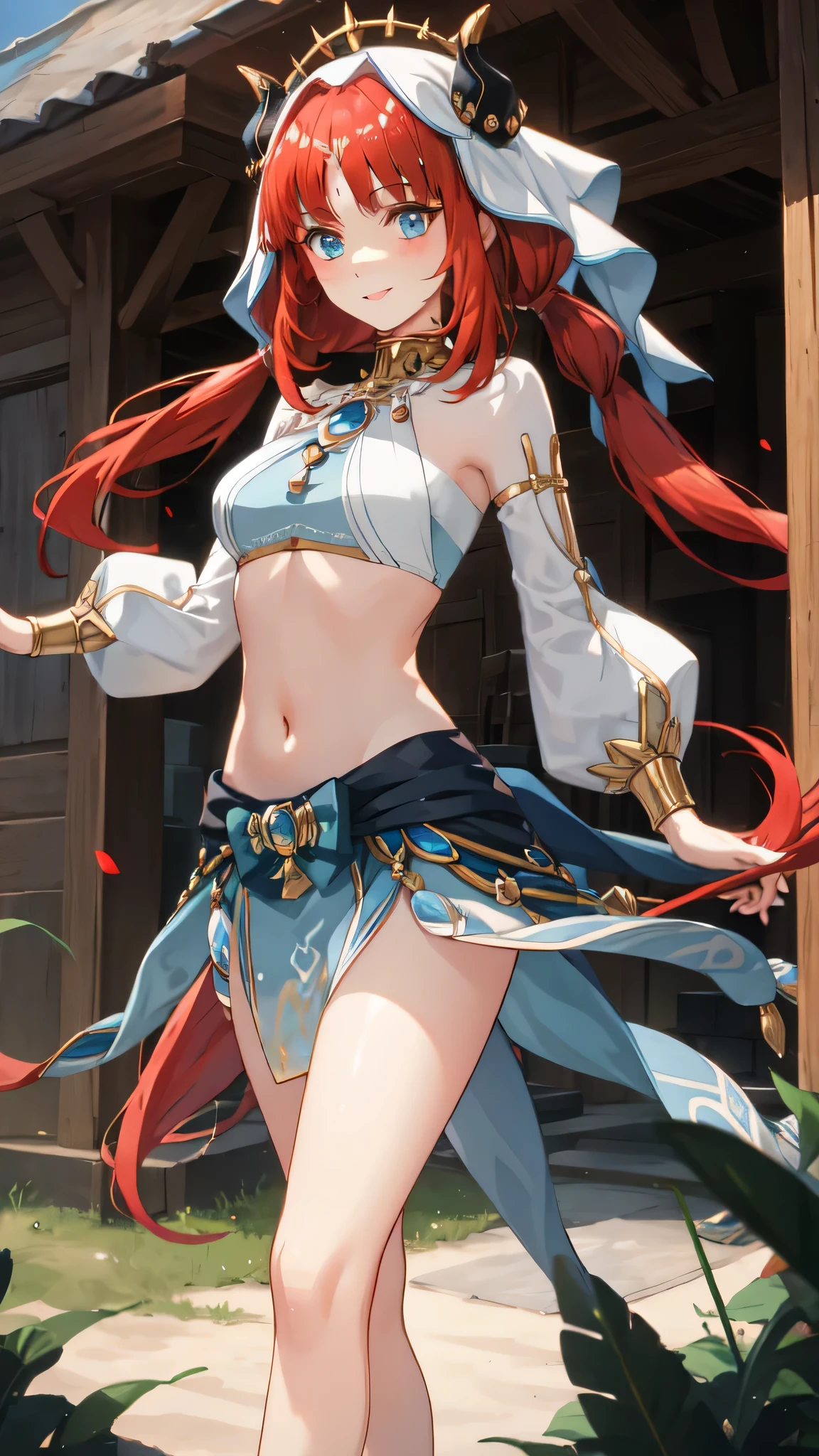 thin legs, blue eyes, mud construction, Red hair, long hair, enchanting , medium chest, happy