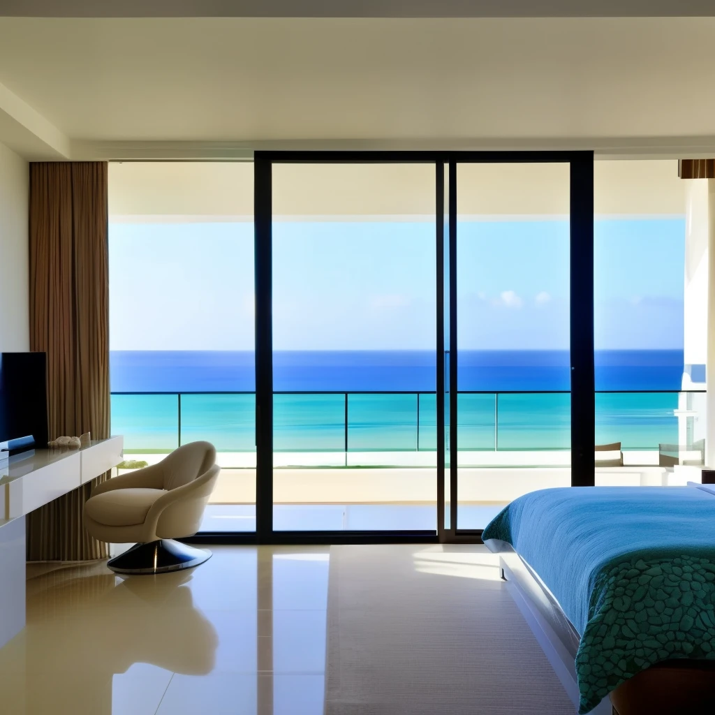 modern interior design bedroom、Ocean view from one window、Resort Condominiums