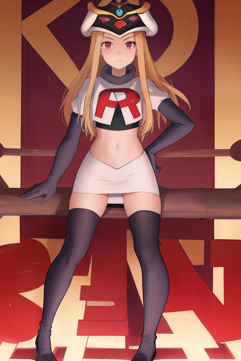 masterpiece, best quality, CG, wallpaper, HDR, high quality, high-definition, extremely detailed, potc, looking at viewer, team rocket,team rocket uniform,white skirt,red letter R,crop top,black thigh-highs,black elbow gloves