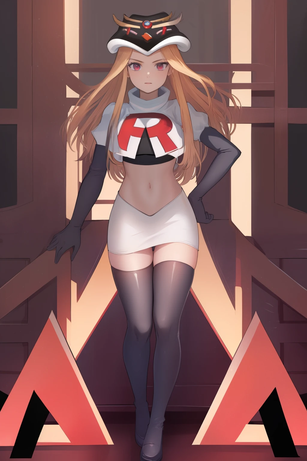 masterpiece, best quality, CG, wallpaper, HDR, high quality, high-definition, extremely detailed, potc, looking at viewer, team rocket,team rocket uniform,white skirt,red letter R,crop top,black thigh-highs,black elbow gloves