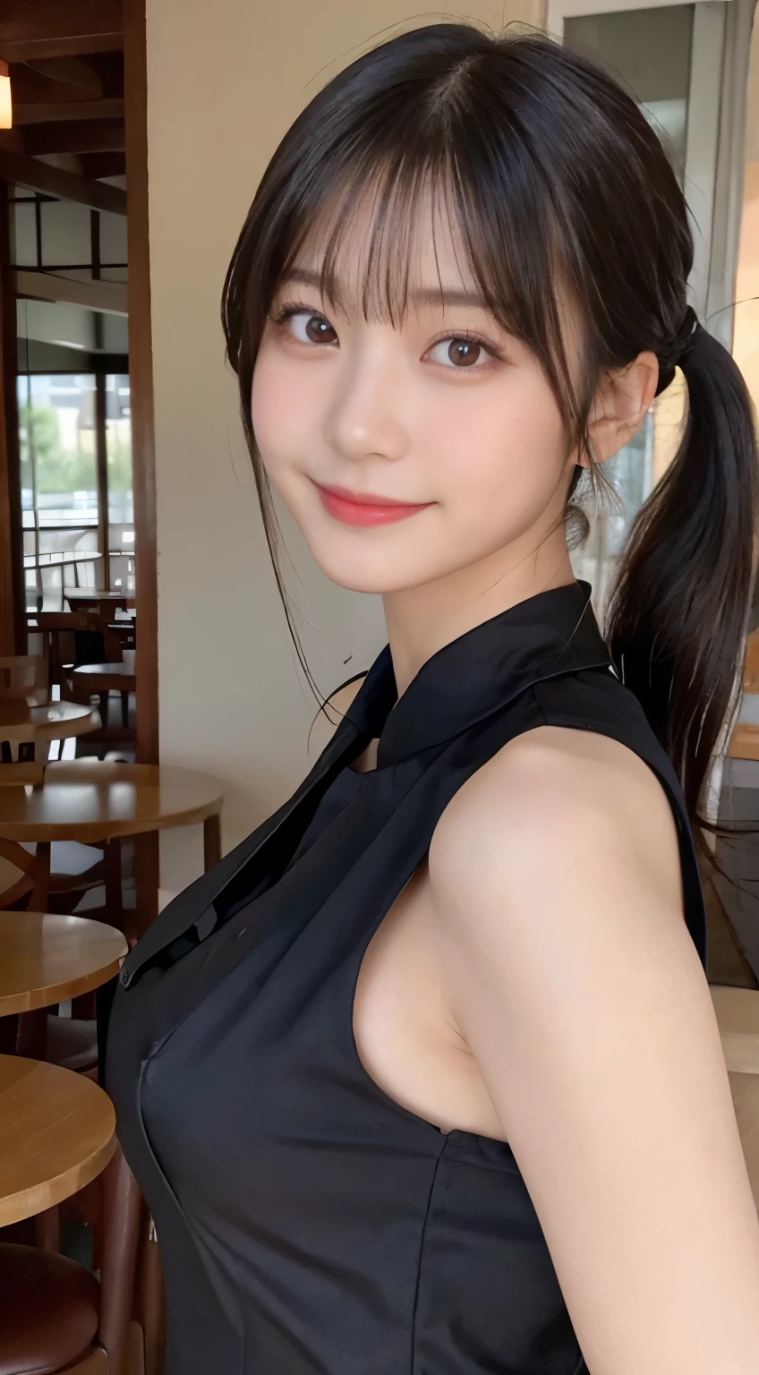 (highest quality,masterpiece:1.3,ultra high resolution,),(Super detailed,caustics),(Photoreal:1.4,RAW shooting,)ultra-realistic capture,very detailed,High resolution 16K human skin close-up。 natural skin texture、,The pores are、、、Must be detailed enough to be easily identified。 Skin should look even-toned and healthy。 Use natural light and color,restaurant,waitress uniform,1 girl,Japanese,18-year-old,cute,black haired,ponytail,big breasts,smile,turn your body forward,(Front view:1.1),look at the camera,cowboy shot,