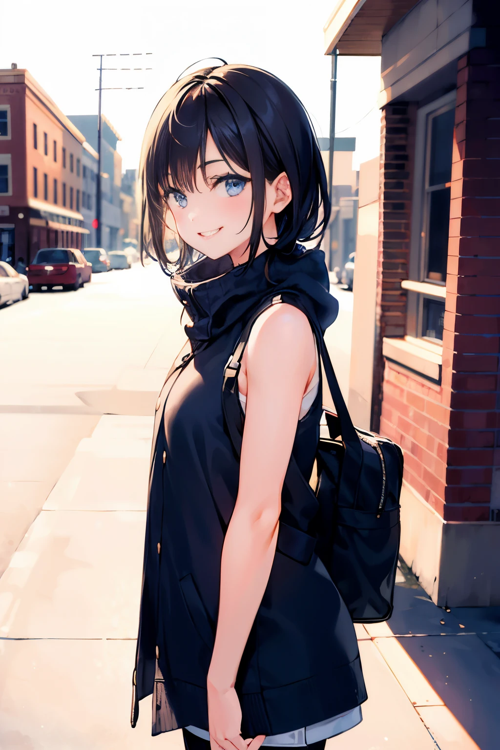 (morning), 1 girl, alone, looking at the viewer, winter, cowboy shot, (downtown), cowboy shot, smile, black hair