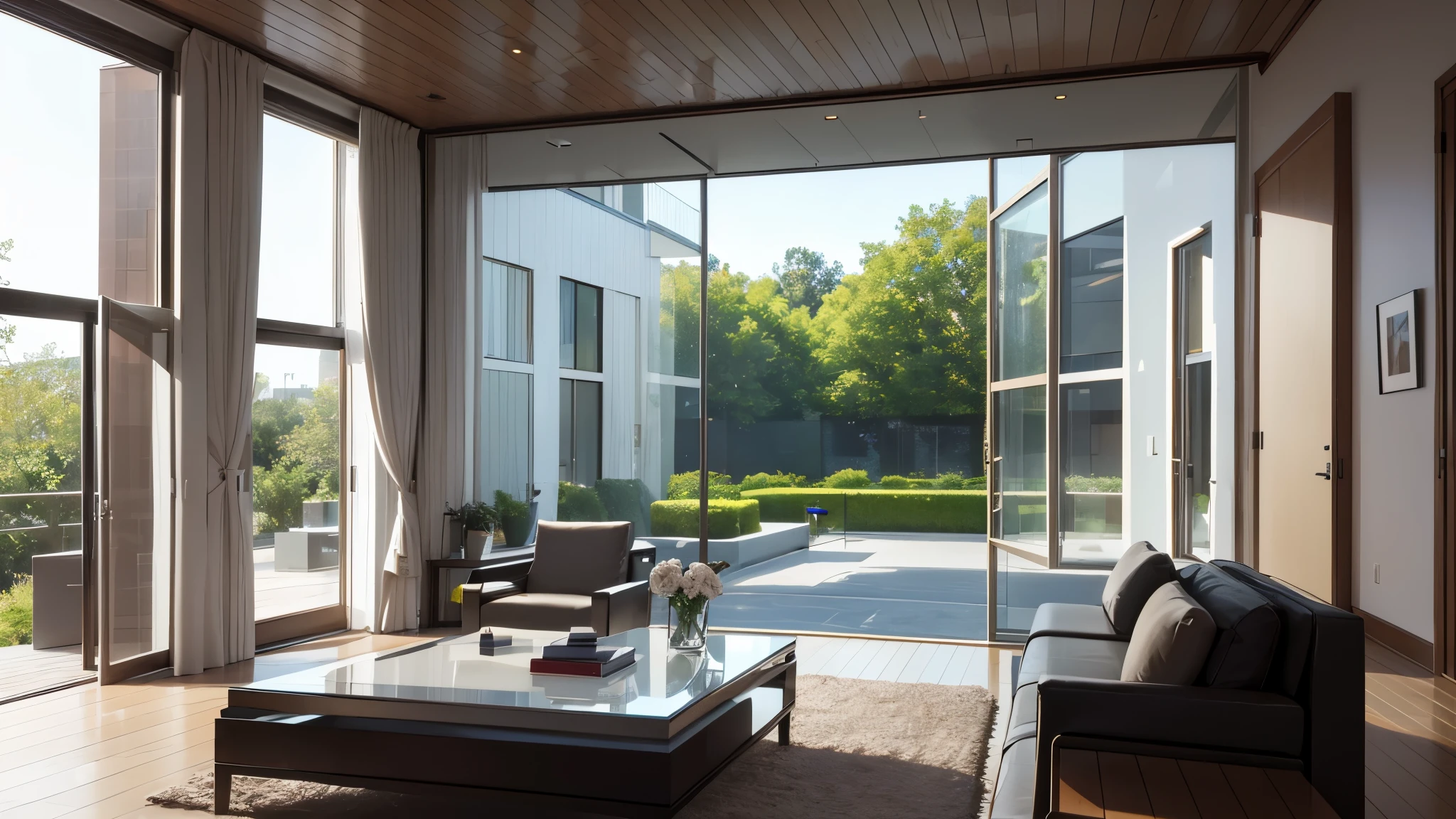 you are a famous interior designer、I was asked to create a 3D image of a large modern room.。. Create a harmonious environment with modern and minimalist furniture. Including garden interior.