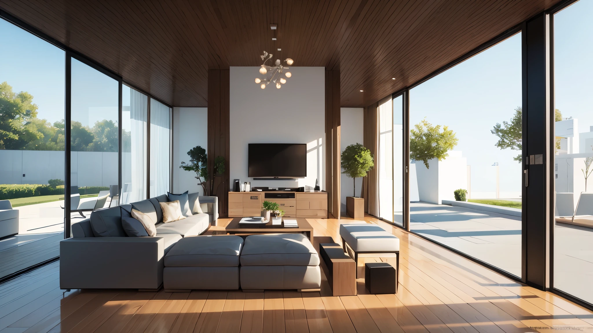 you are a famous interior designer、I was asked to create a 3D image of a large modern room.。. Create a harmonious environment with modern and minimalist furniture. Including garden interior.