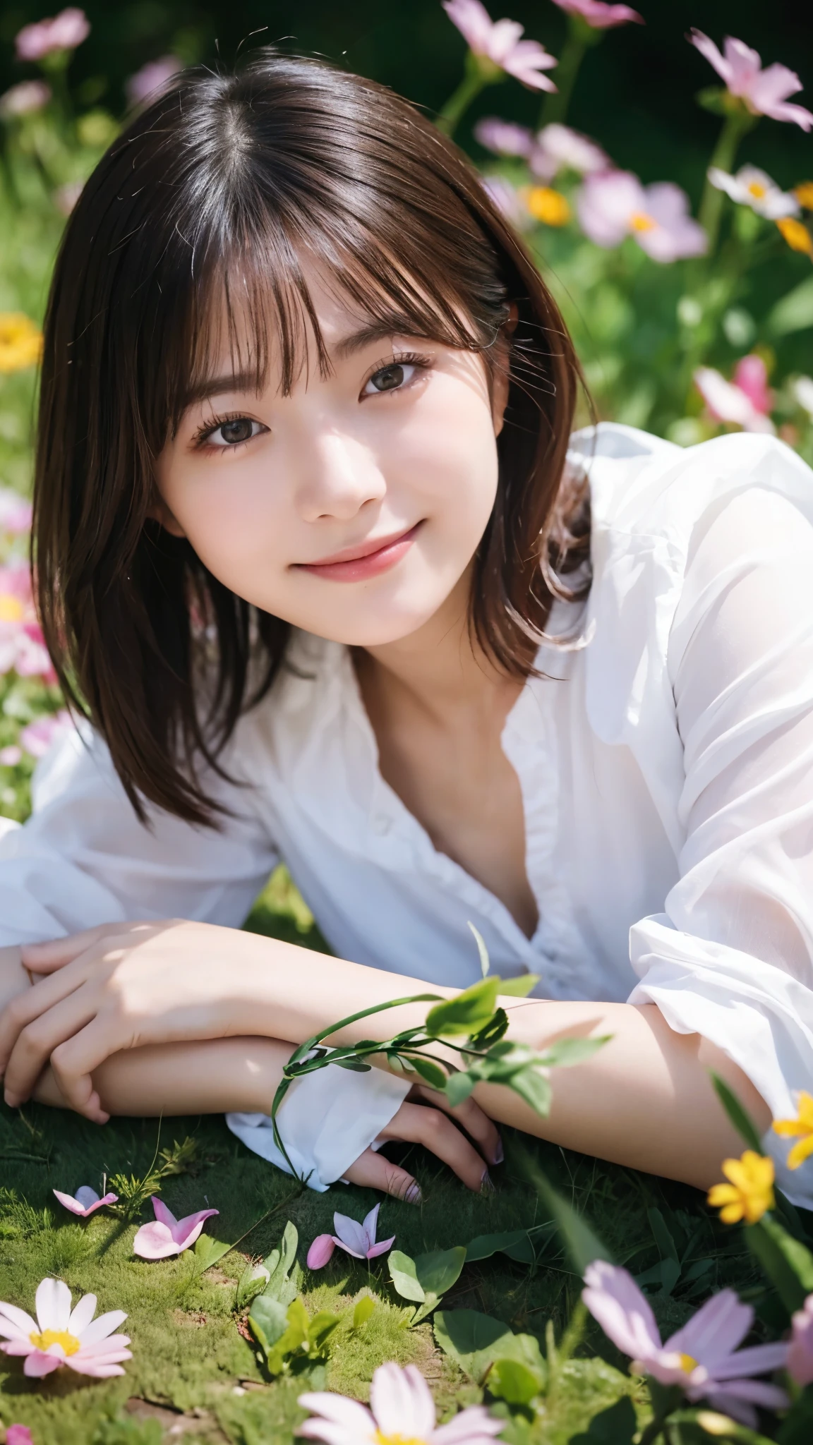 (highest quality,masterpiece:1.3,ultra high resolution),(Super detailed,caustics,8k),(photorealistic:1.4,RAW shooting),(girl lying in a flower field),18-year-old,cute,Japanese,black short hair,look up at the camera with a smile,white blouse,(big ),bust up shot,(high position),(high angle),face focus,face close up,bright light,Natural light,professional writing