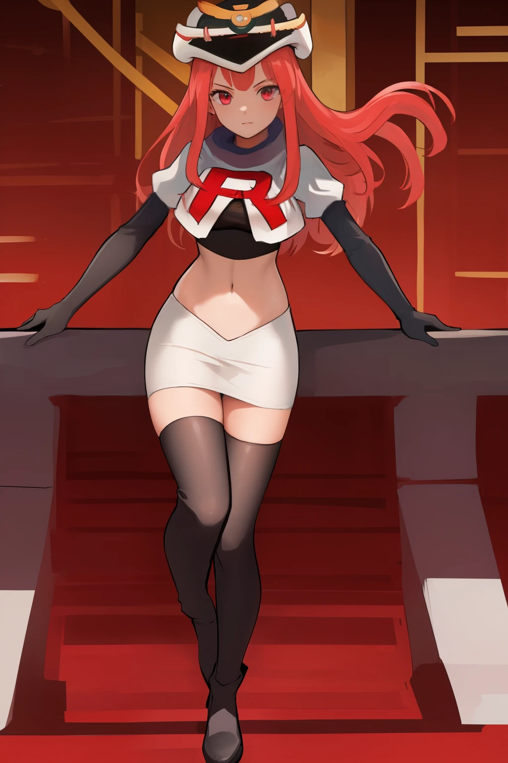 masterpiece, best quality, CG, wallpaper, HDR, high quality, high-definition, extremely detailed, potc, looking at viewer, team rocket,team rocket uniform,white skirt,red letter R,crop top,black thigh-highs,black elbow gloves