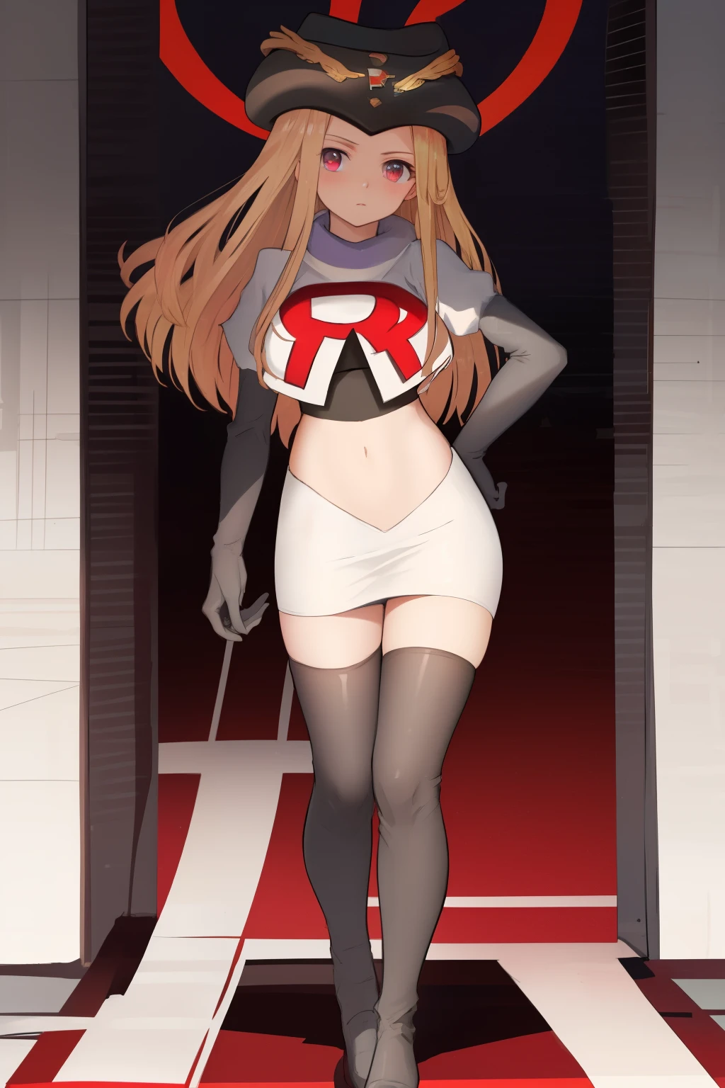 masterpiece, best quality, CG, wallpaper, HDR, high quality, high-definition, extremely detailed, potc, looking at viewer, team rocket,team rocket uniform,white skirt,red letter R,crop top,black thigh-highs,black elbow gloves