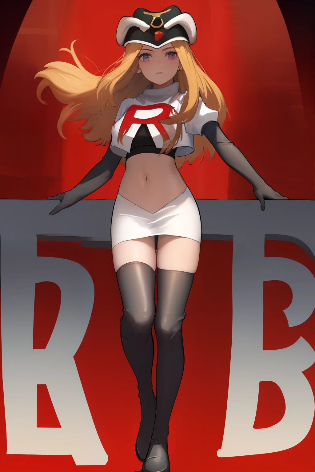 masterpiece, best quality, CG, wallpaper, HDR, high quality, high-definition, extremely detailed, potc, looking at viewer, team rocket,team rocket uniform,white skirt,red letter R,crop top,black thigh-highs,black elbow gloves