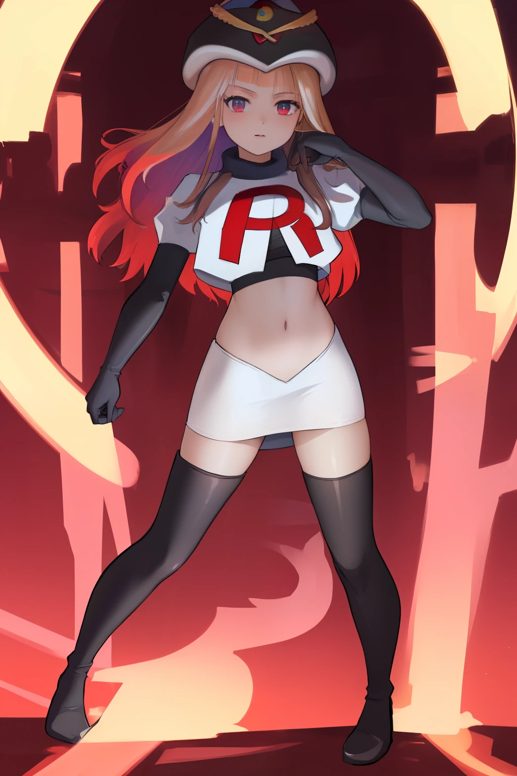 masterpiece, best quality, CG, wallpaper, HDR, high quality, high-definition, extremely detailed, potc, looking at viewer, team rocket,team rocket uniform,white skirt,red letter R,crop top,black thigh-highs,black elbow gloves