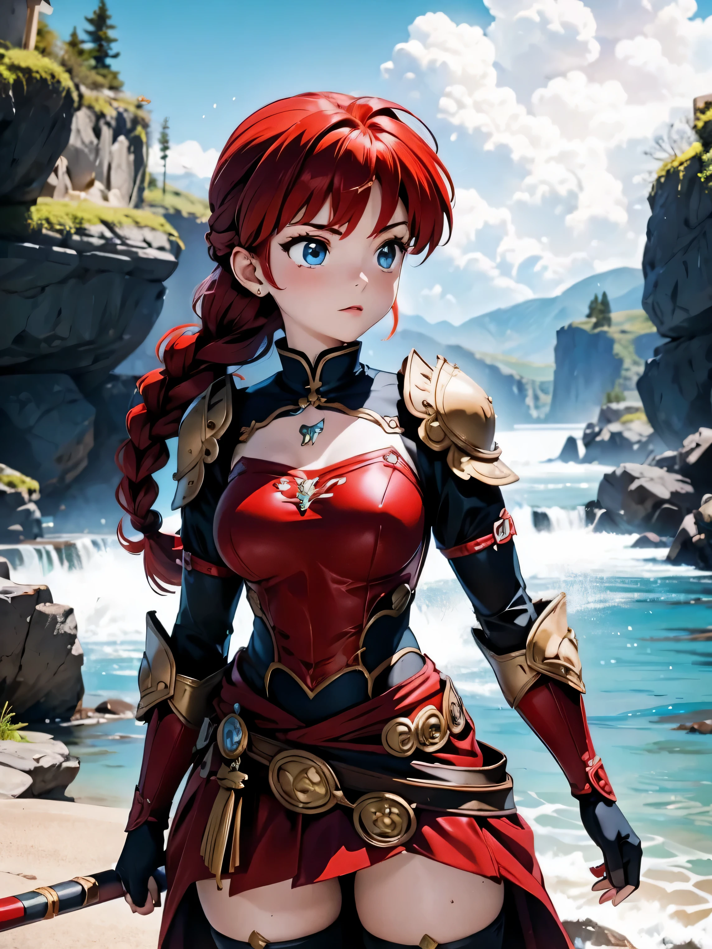 Garota anime ruiva com armadura metalica vermelha, , corpo bonito, seios grandes, postura de luta, postura de combate, garota sexy, red hair with braid, beautiful lighting, sombras suaves, olhos azuis, pernas bonitas, hair with braid, estilo anime, Ranma Chan, Autora Rumiko Takahashi, Baseado em obra de Rumiko Takahashi, Anime Ranma 1/ 2, decote sexy, quadril robusto, corpo inteiro, corpo completo, busto grande, garota jovem com corpo belo e bonito, garota 16 anosbaixa estatura, vestido armadura metalica vermelha, garota anime, estilo anime, red hair with braid, luz bonita, armadura metalica reluzente, bota preta nos pes, botas longas pretas nos pes