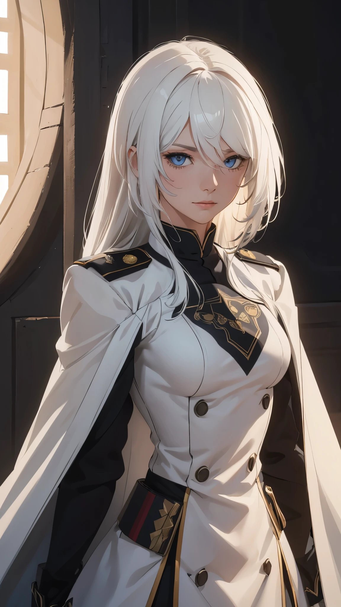 (extremely detailed CG unity 8k wallpaper), (masterpiece), (best quality), (ultra-detailed), (best illustration), (best shadow), (absurdres) ,(detailed eyes), 2b, 1girl, long hair, white hair, solo, Intimidating women, admiral uniform, night, hero pose, white clothes, General Uniform, Military Uniform, Sunlight, exposed to sunlight,commander, fighting pose, wearing cape