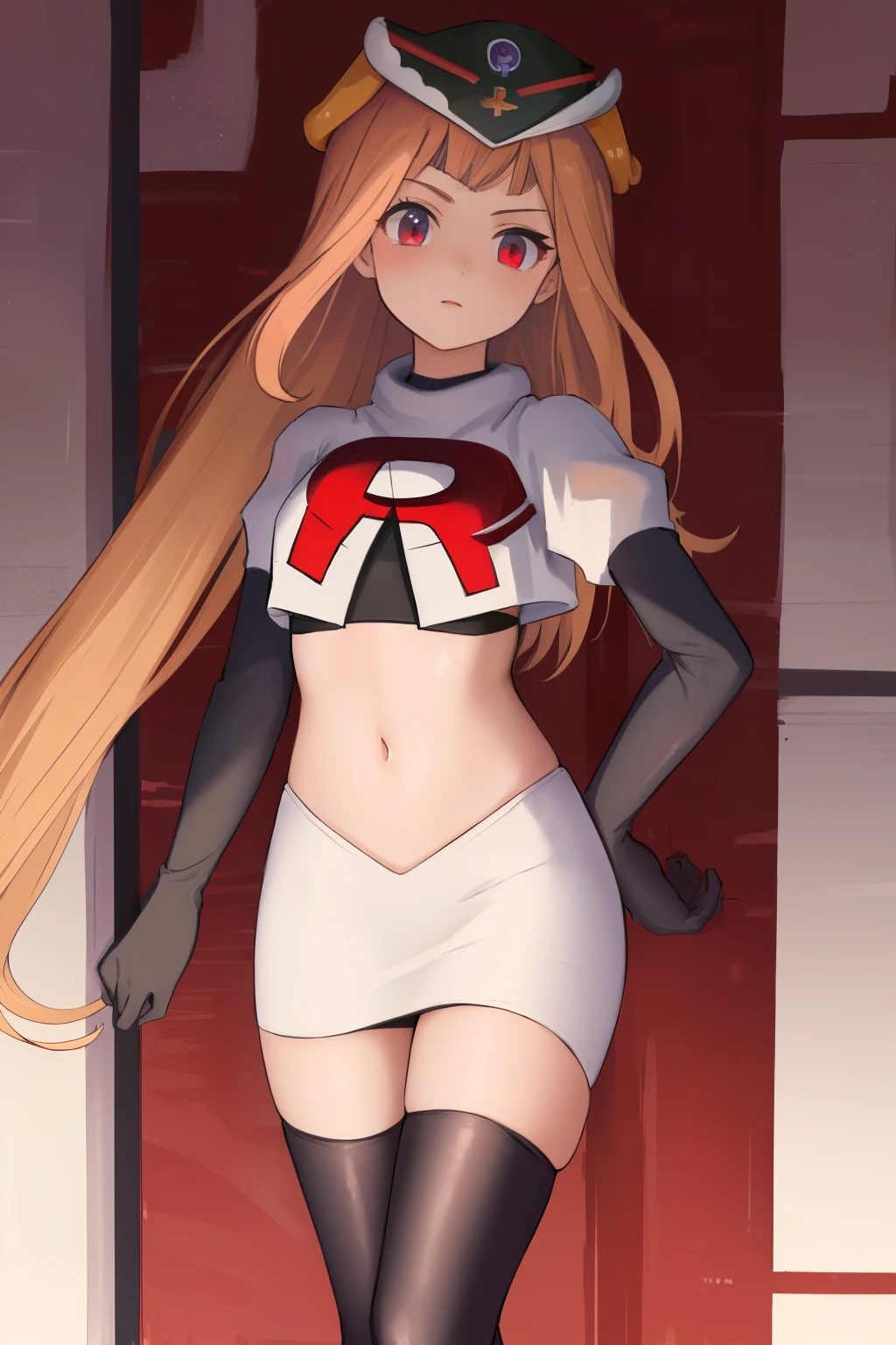 masterpiece, best quality, CG, wallpaper, HDR, high quality, high-definition, extremely detailed, potc, looking at viewer, team rocket,team rocket uniform,white skirt,red letter R,crop top,black thigh-highs,black elbow gloves