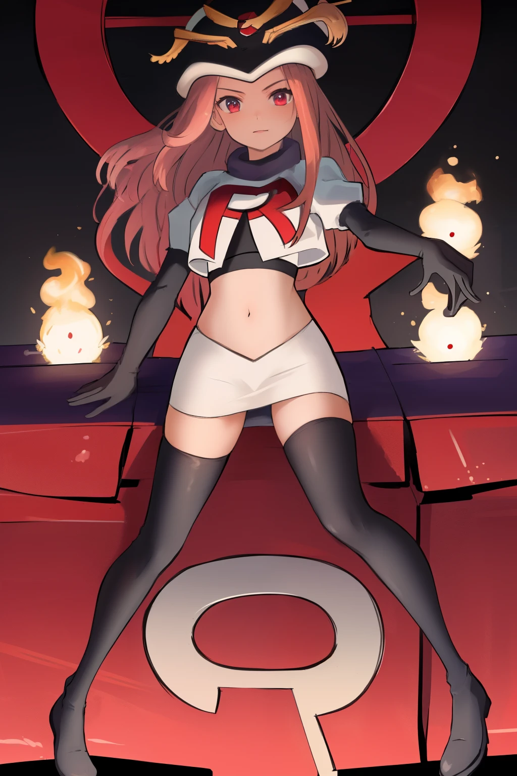 masterpiece, best quality, CG, wallpaper, HDR, high quality, high-definition, extremely detailed, potc, looking at viewer, team rocket,team rocket uniform,white skirt,red letter R,crop top,black thigh-highs,black elbow gloves